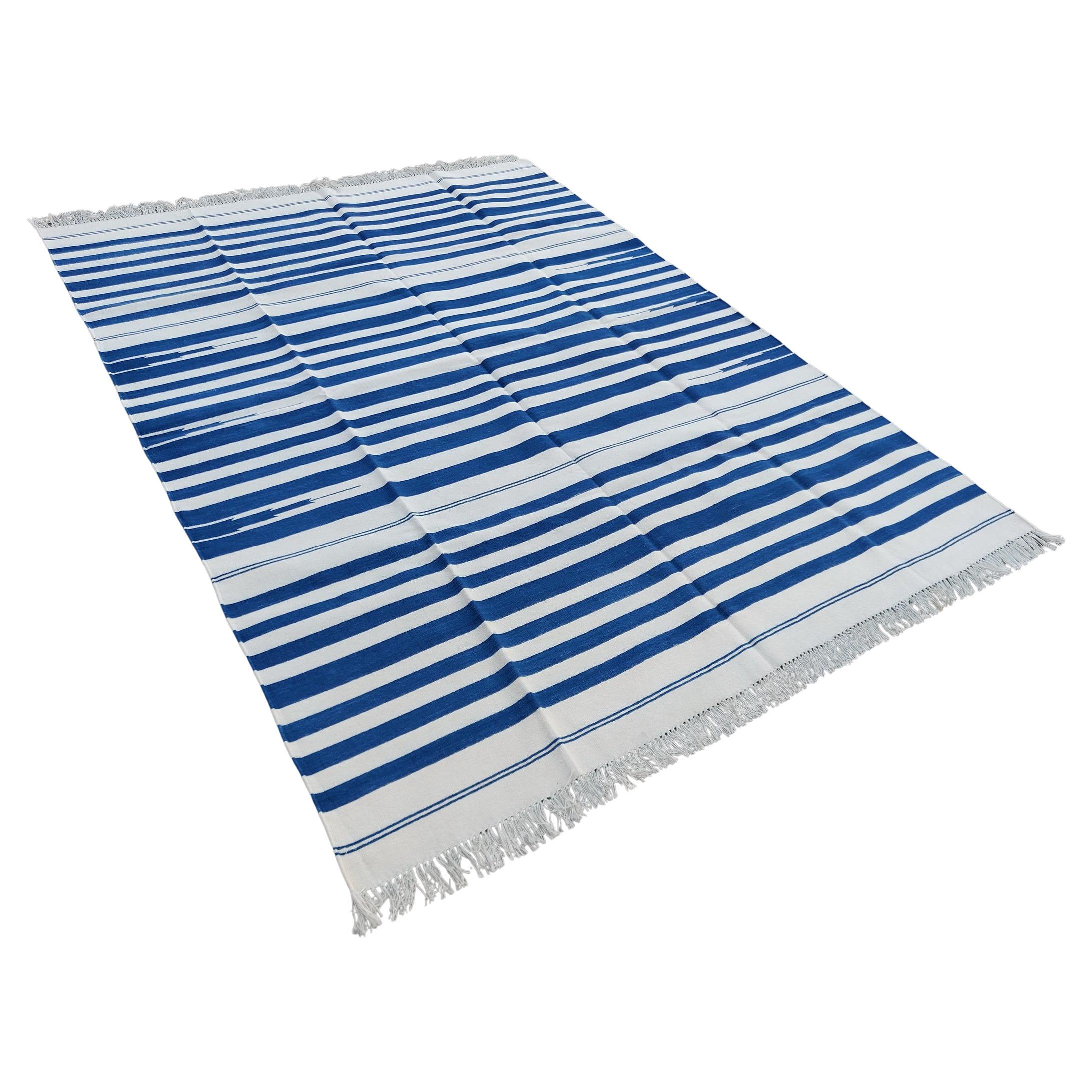 Handmade Cotton Area Flat Weave Rug, 6x8 Blue And White Striped Indian Dhurrie For Sale