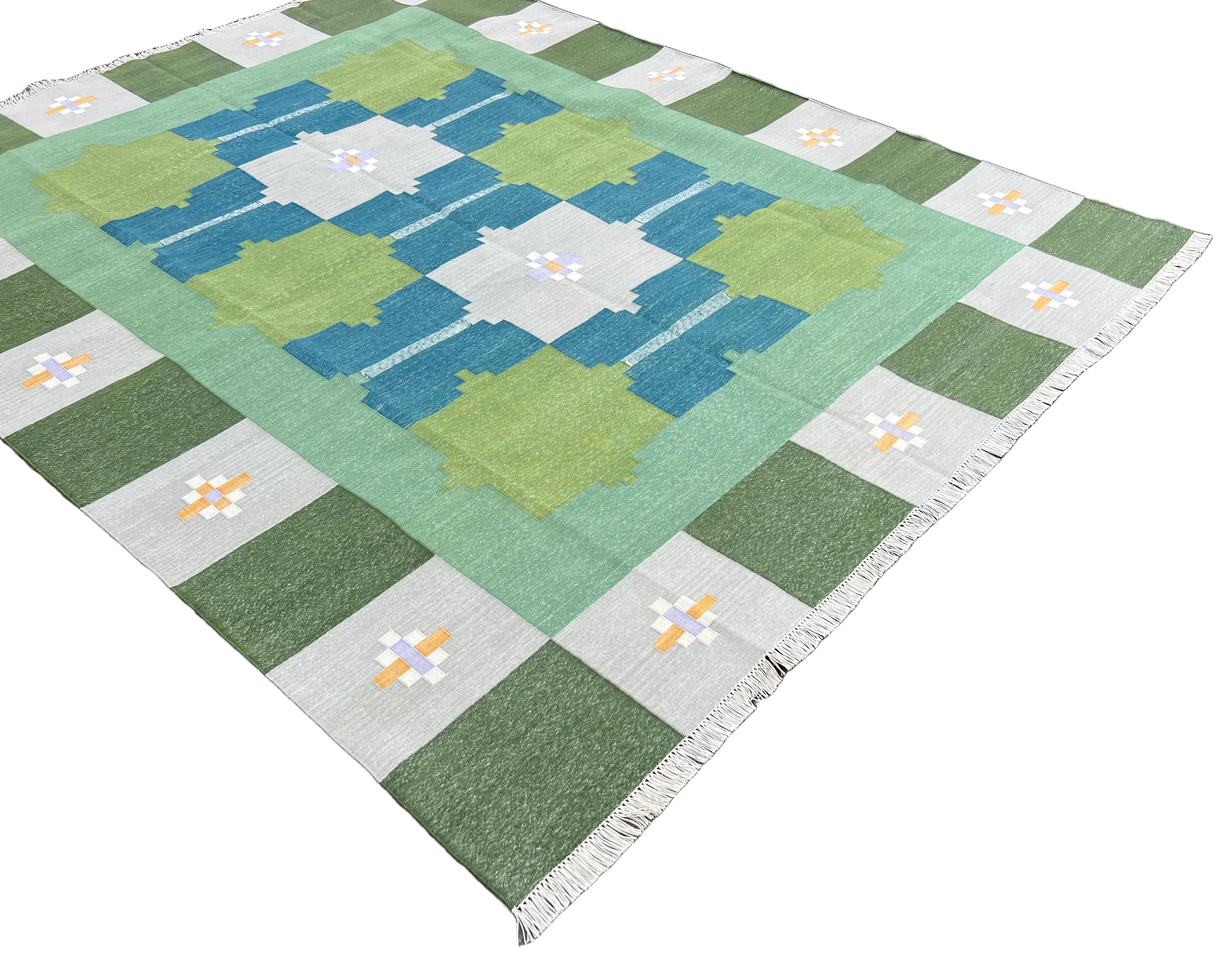Hand-Woven Handmade Cotton Area Flat Weave Rug, 6x8 Green And Grey Geometric Indian Dhurrie For Sale