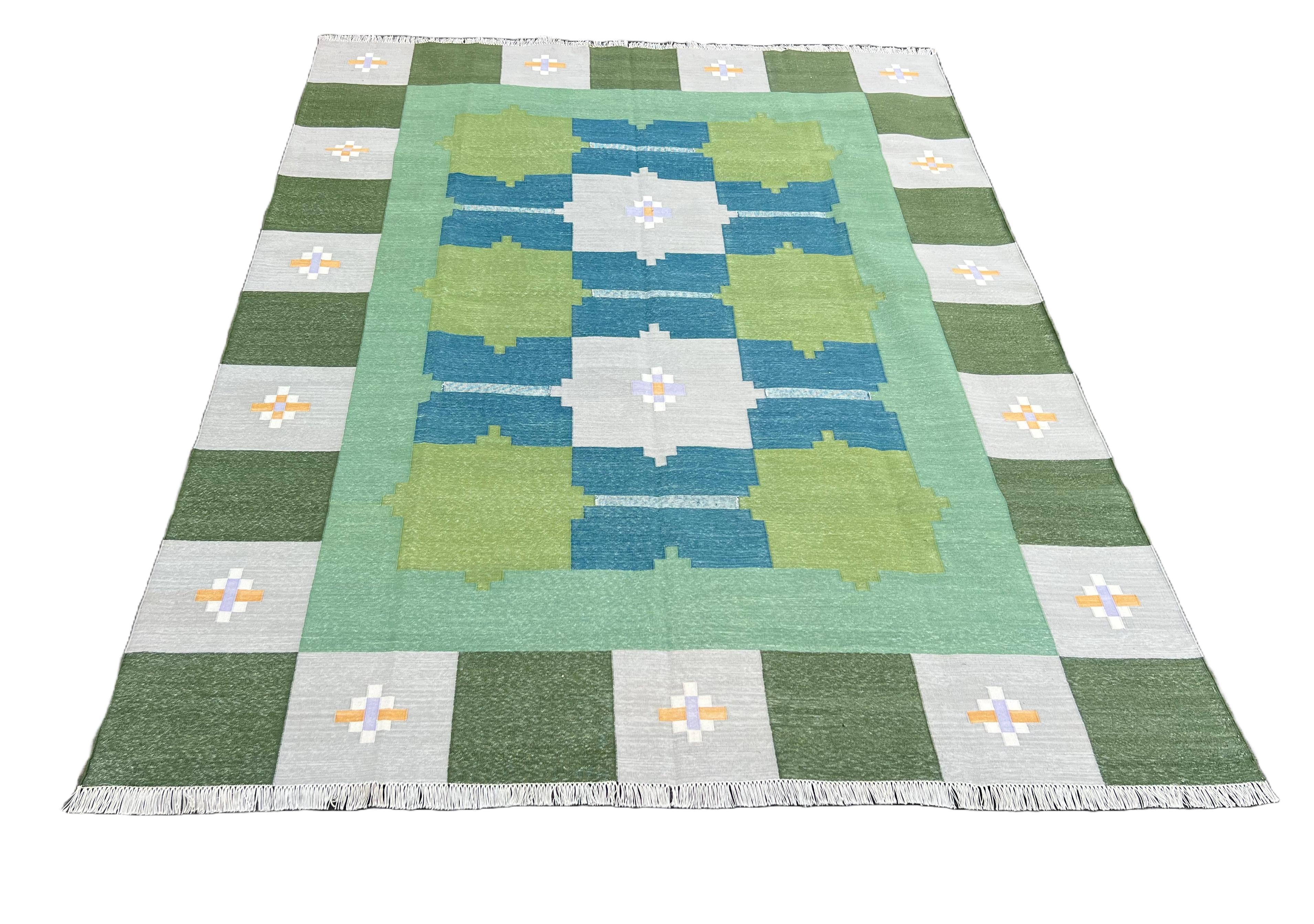 Contemporary Handmade Cotton Area Flat Weave Rug, 6x8 Green And Grey Geometric Indian Dhurrie For Sale