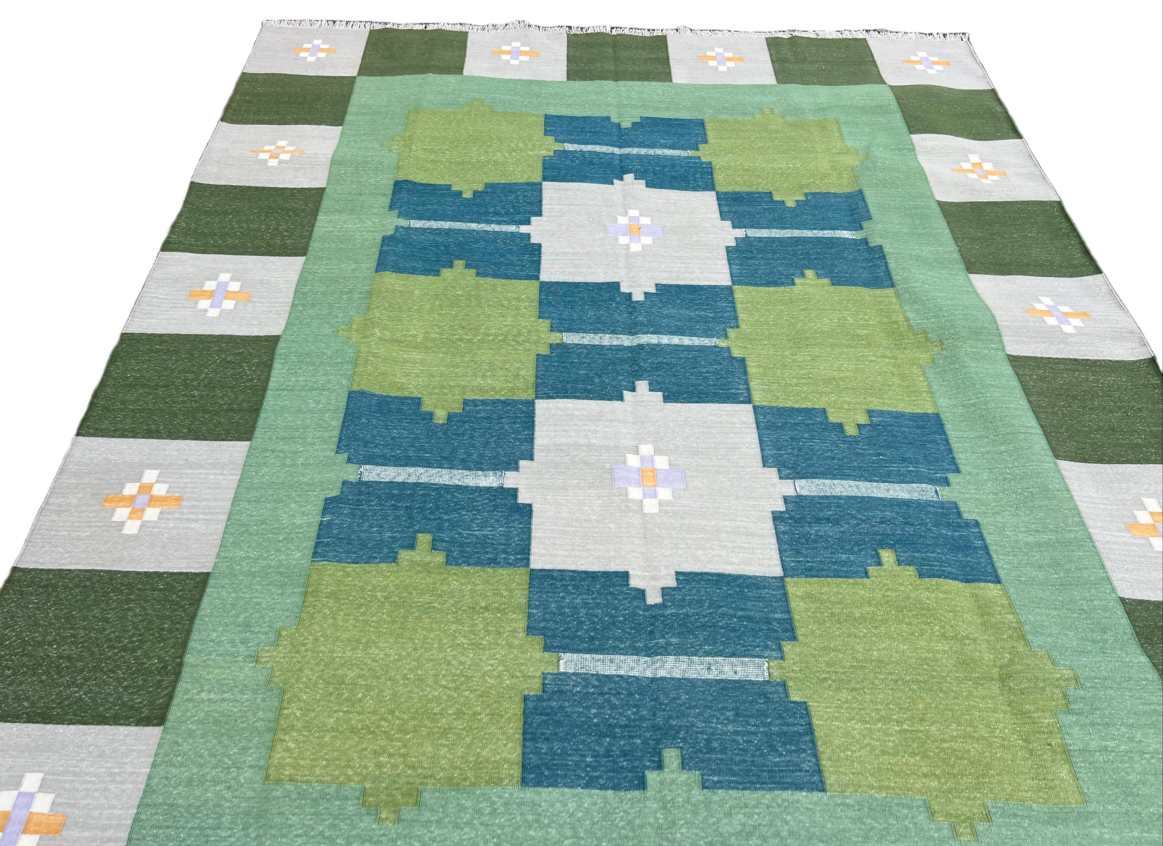 Handmade Cotton Area Flat Weave Rug, 6x8 Green And Grey Geometric Indian Dhurrie For Sale 1