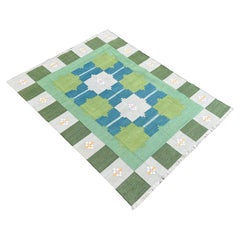 Handmade Cotton Area Flat Weave Rug, 6x8 Green And Grey Geometric Indian Dhurrie
