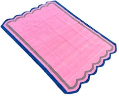 Handmade Cotton Area Flat Weave Rug, 6x8 Pink And Blue Scalloped Striped Dhurrie