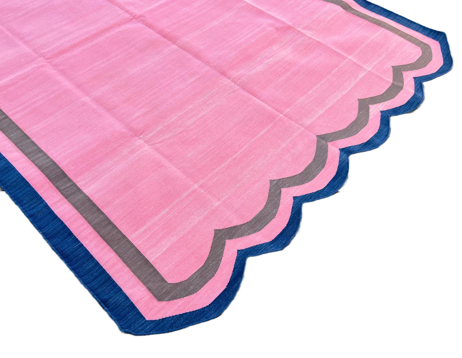 Indian Handmade Cotton Area Flat Weave Rug, 6x8 Pink And Blue Scalloped Striped Dhurrie For Sale