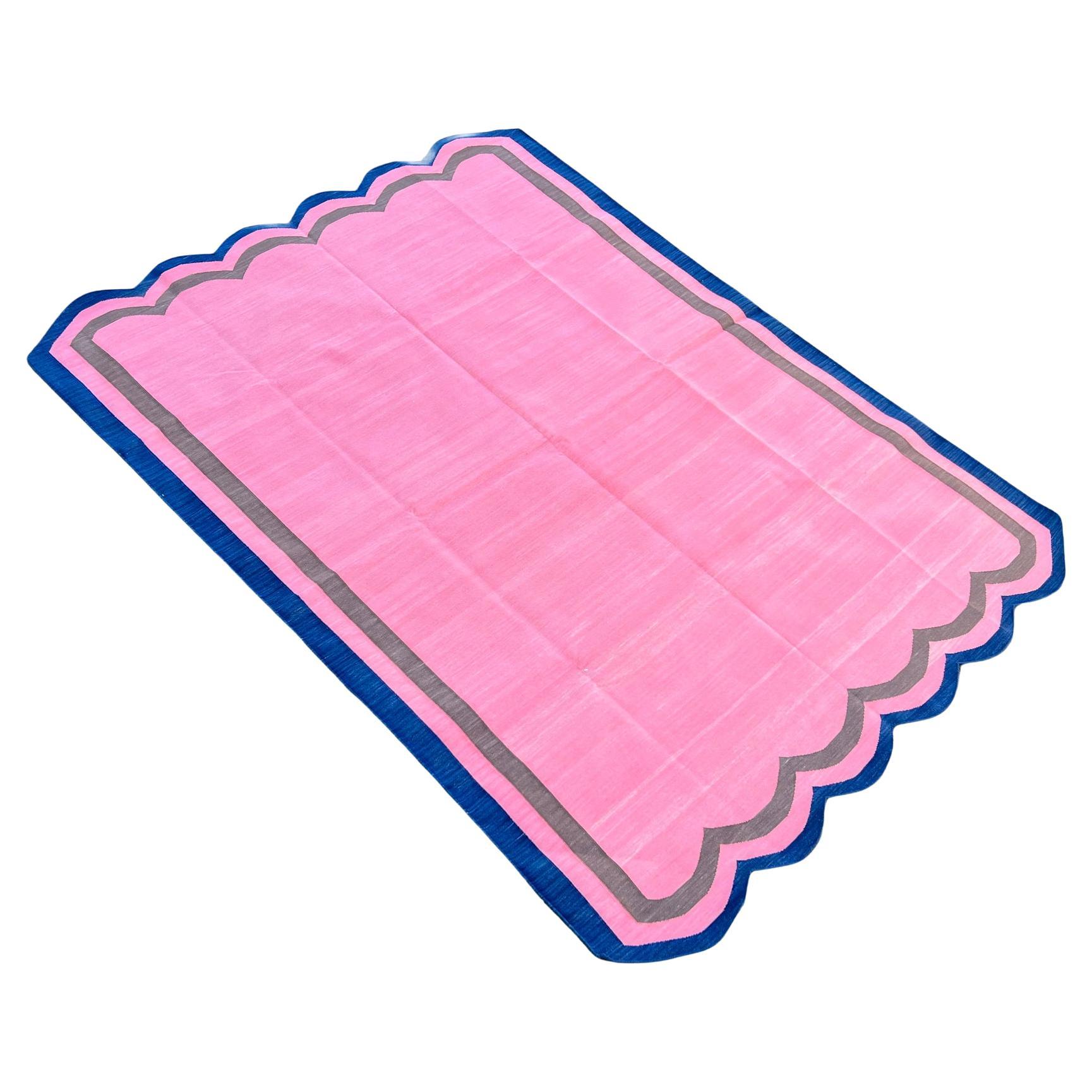 Handmade Cotton Area Flat Weave Rug, 6x8 Pink And Blue Scalloped Striped Dhurrie For Sale