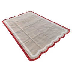 Handgefertigter Flachgewebe-Teppich aus Baumwolle, 6x9 Beige und Rot mit Wellenschliff, Kelim Dhurrie