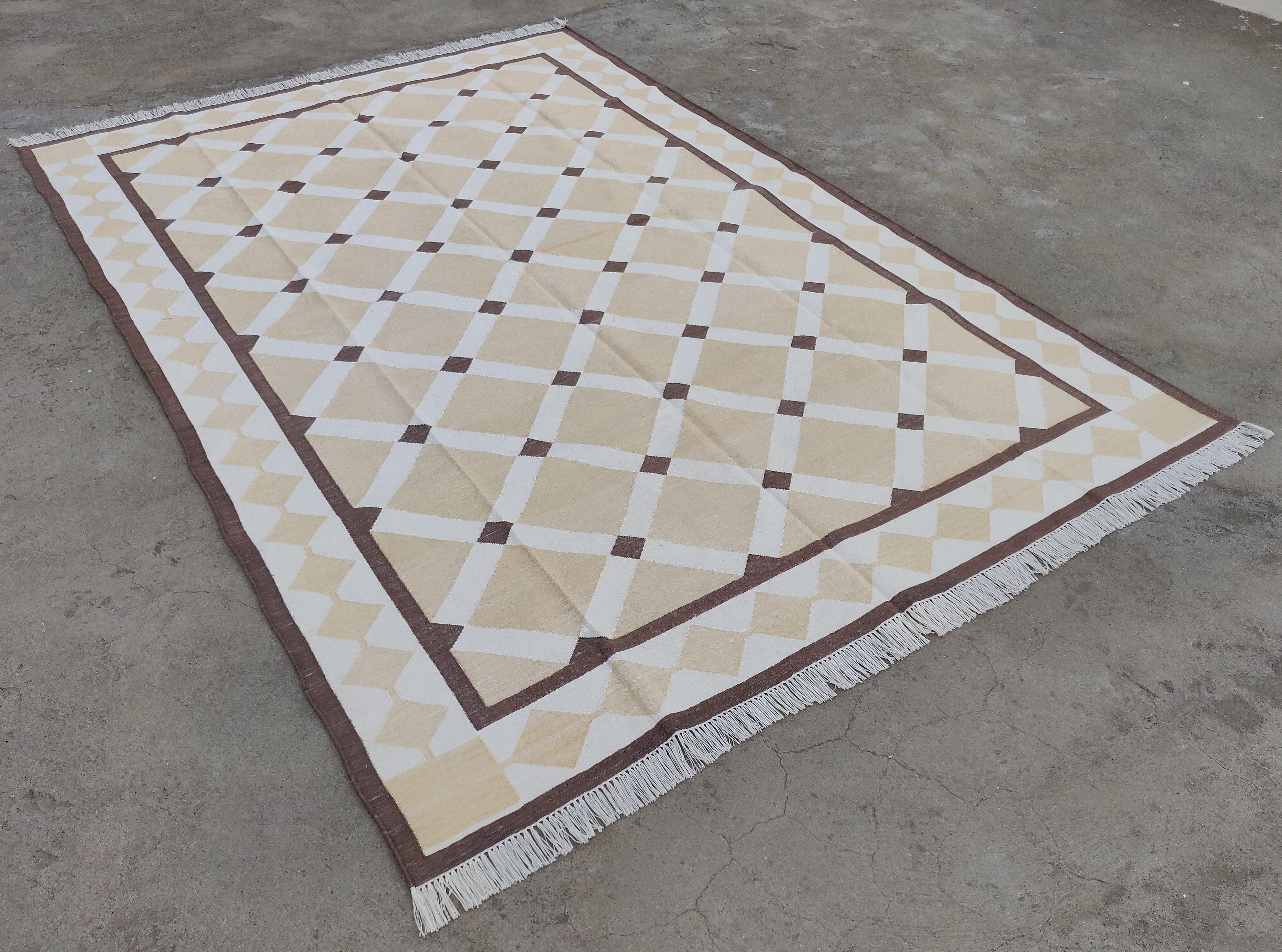 Cotton Vegetable Dyed Beige And Brown Geometric Indian Rug-6'x9' 
These special flat-weave dhurries are hand-woven with 15 ply 100% cotton yarn. Due to the special manufacturing techniques used to create our rugs, the size and color of each piece
