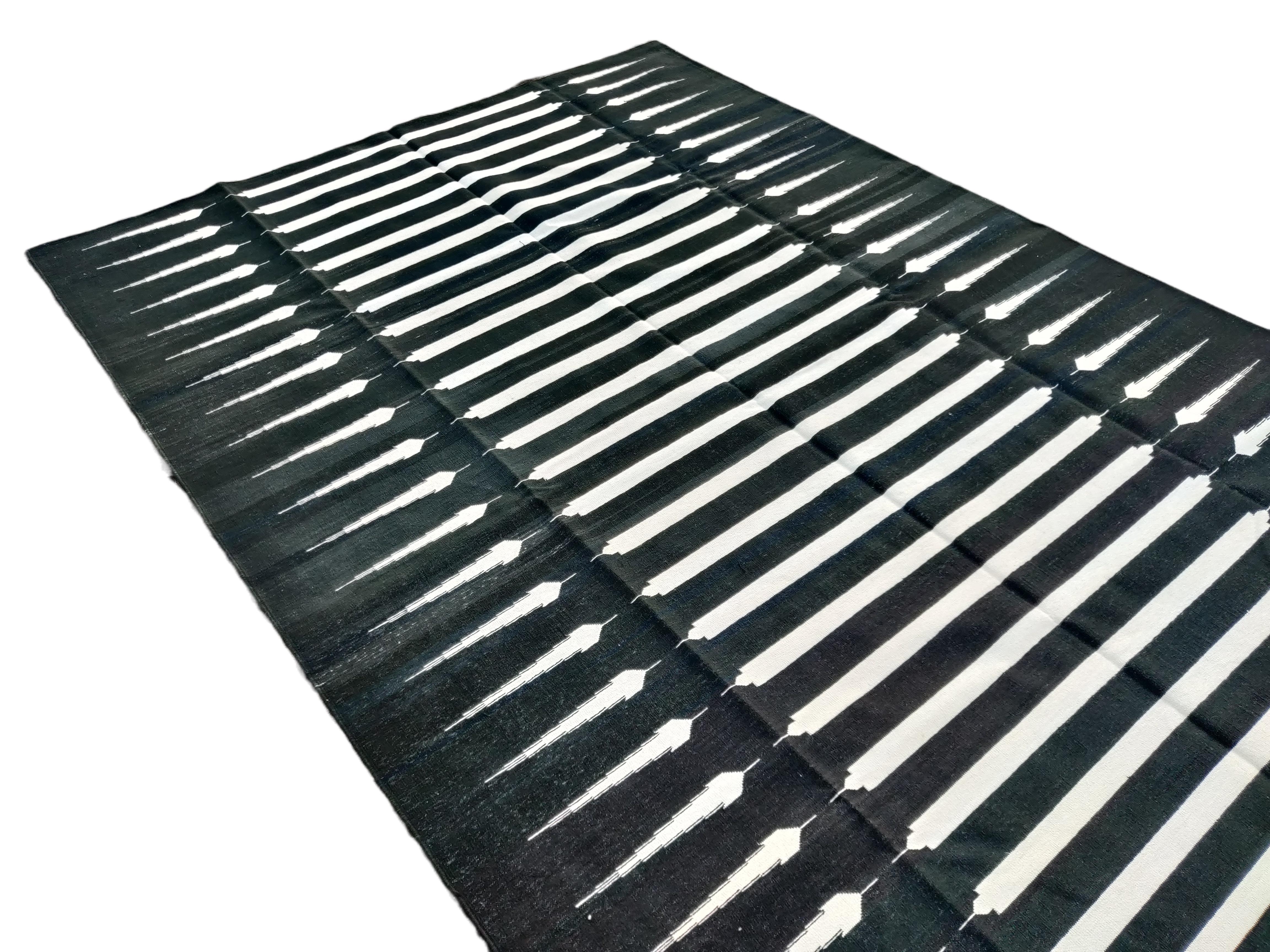 Mid-Century Modern Handmade Cotton Area Flat Weave Rug, 6x9 Black And White Striped Indian Dhurrie For Sale