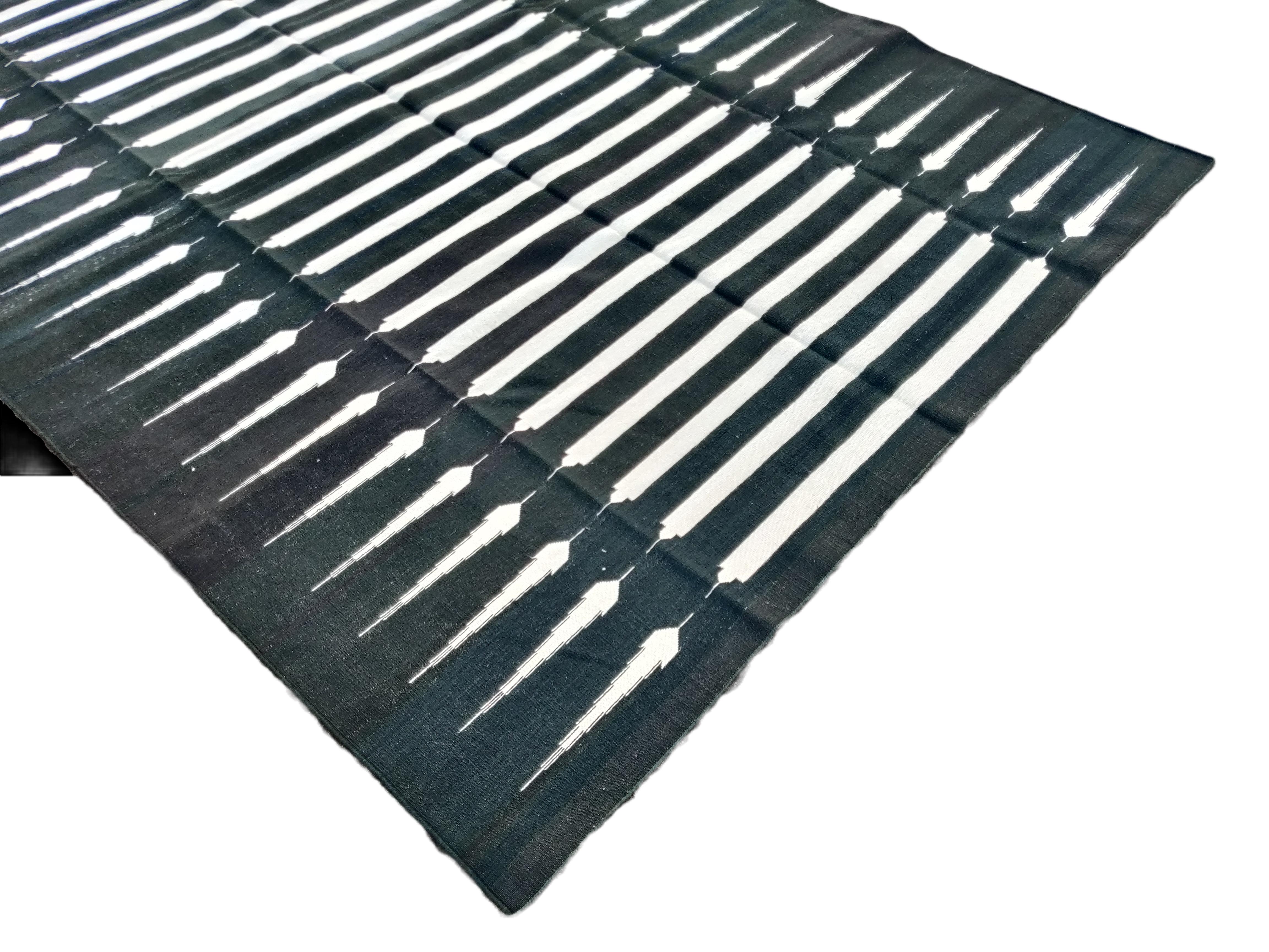 Handmade Cotton Area Flat Weave Rug, 6x9 Black And White Striped Indian Dhurrie For Sale 1