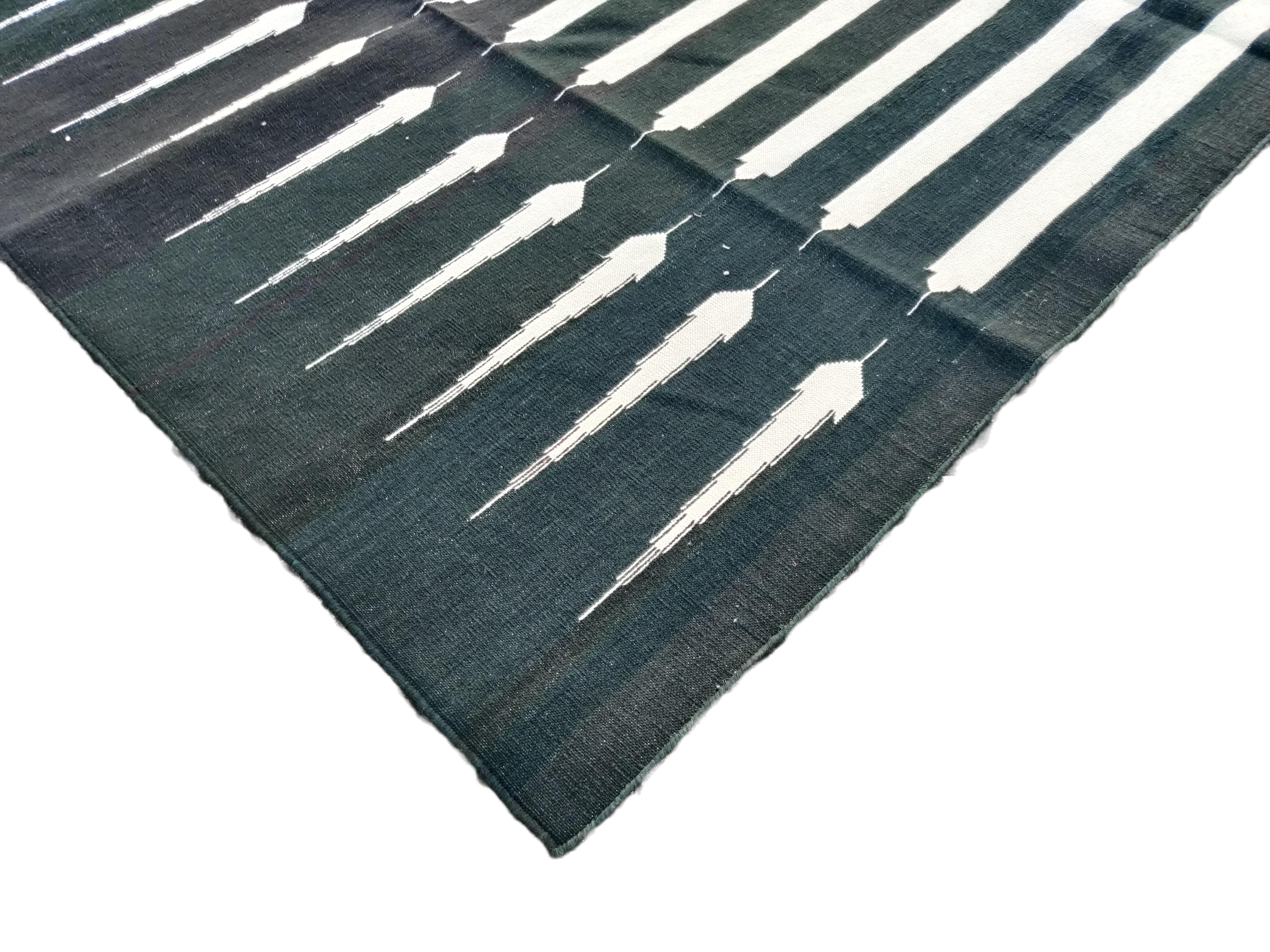 Handmade Cotton Area Flat Weave Rug, 6x9 Black And White Striped Indian Dhurrie For Sale 2