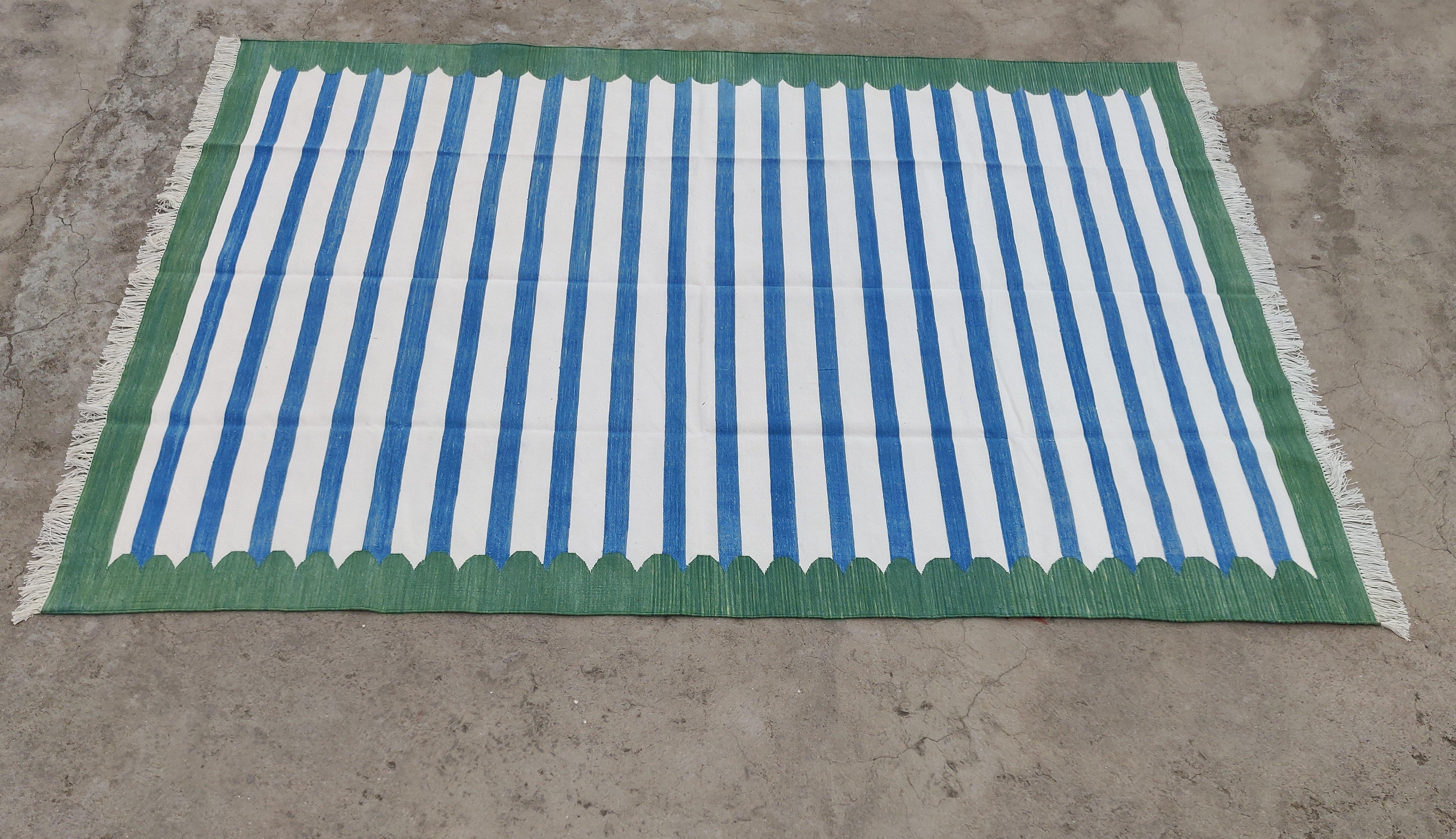 Handmade Cotton Area Flat Weave Rug, 6x9 Blue And Green Striped Indian Dhurrie For Sale 5