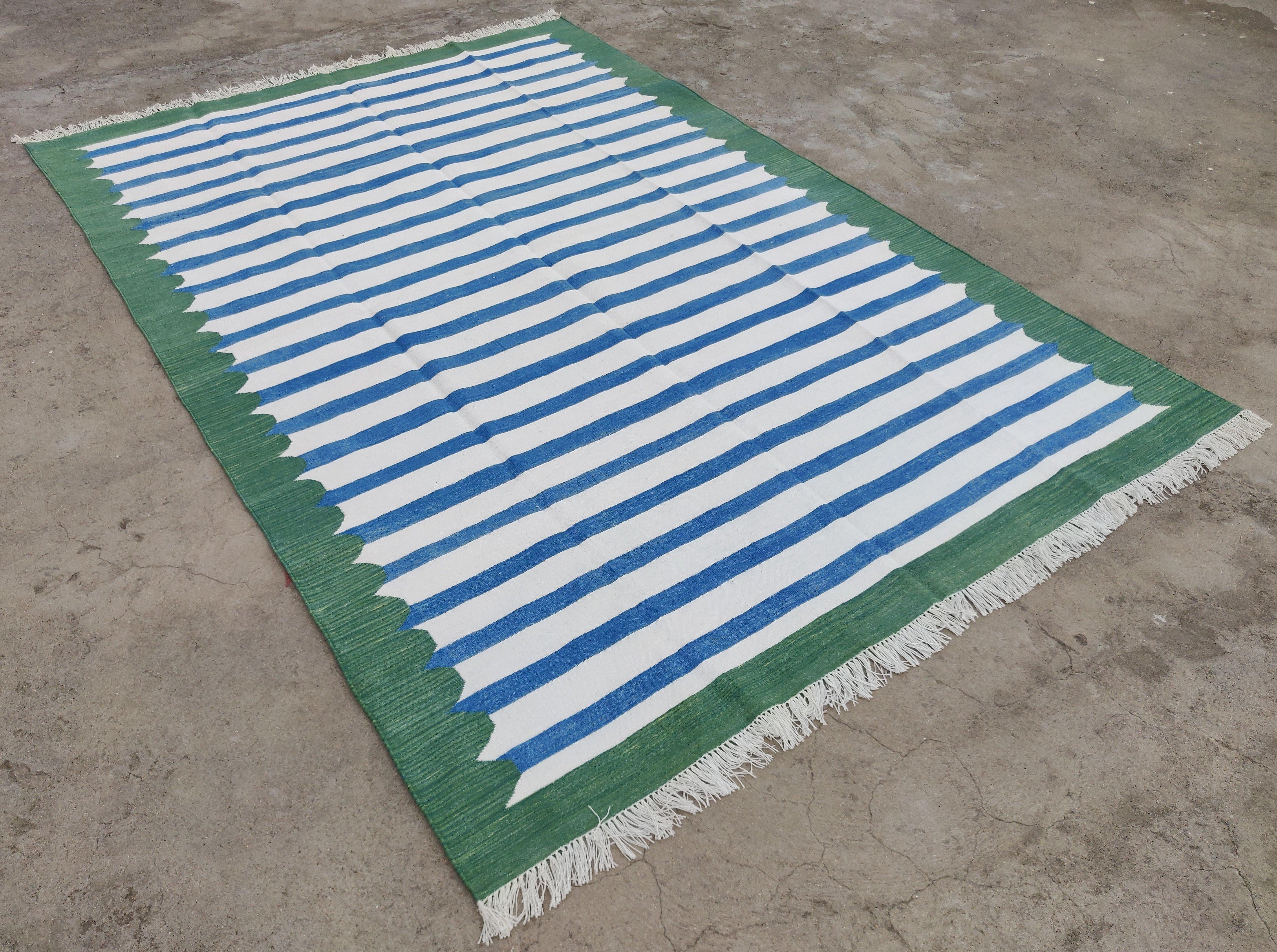 Mid-Century Modern Handmade Cotton Area Flat Weave Rug, 6x9 Blue And Green Striped Indian Dhurrie For Sale