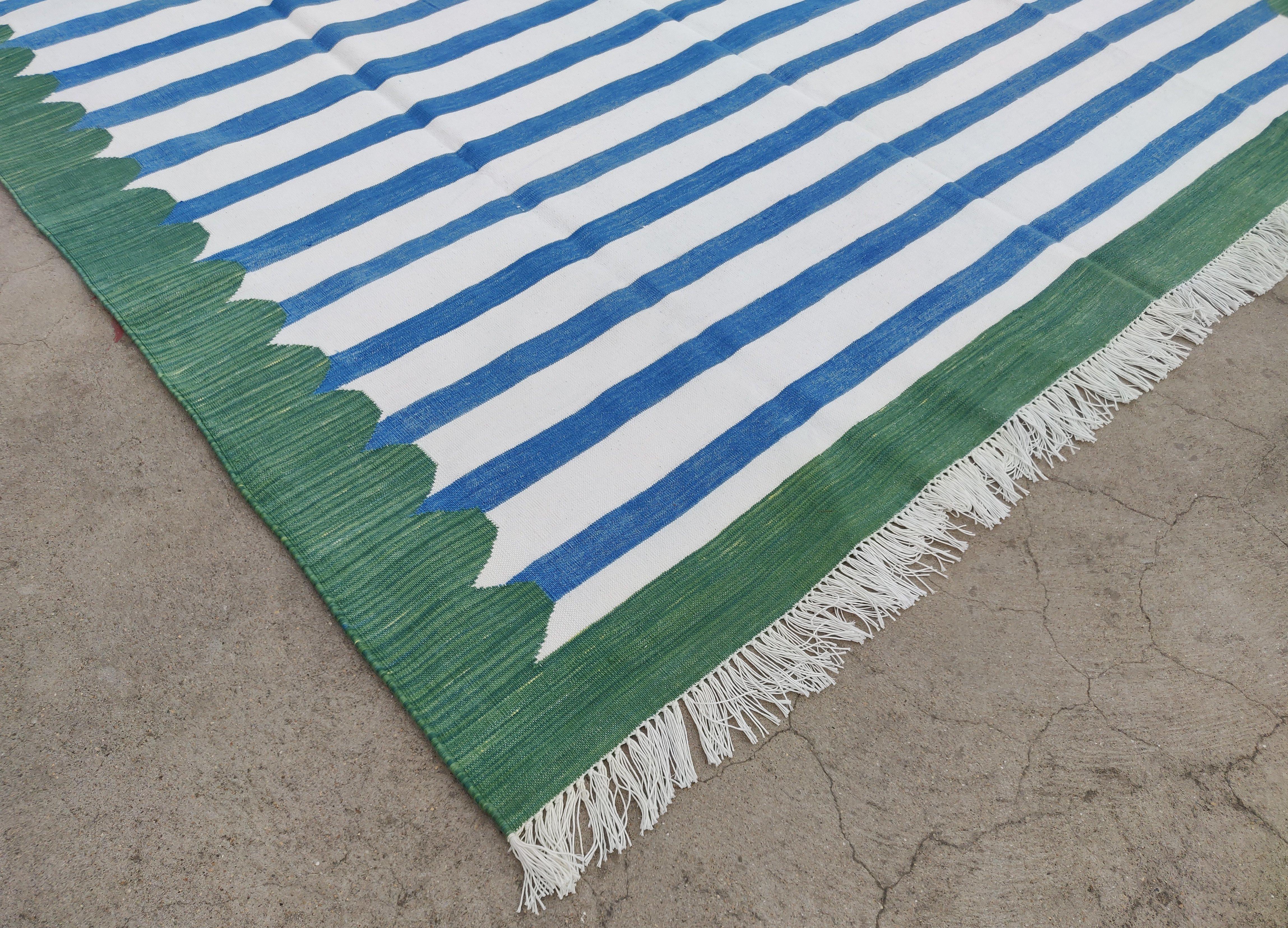 Hand-Woven Handmade Cotton Area Flat Weave Rug, 6x9 Blue And Green Striped Indian Dhurrie For Sale