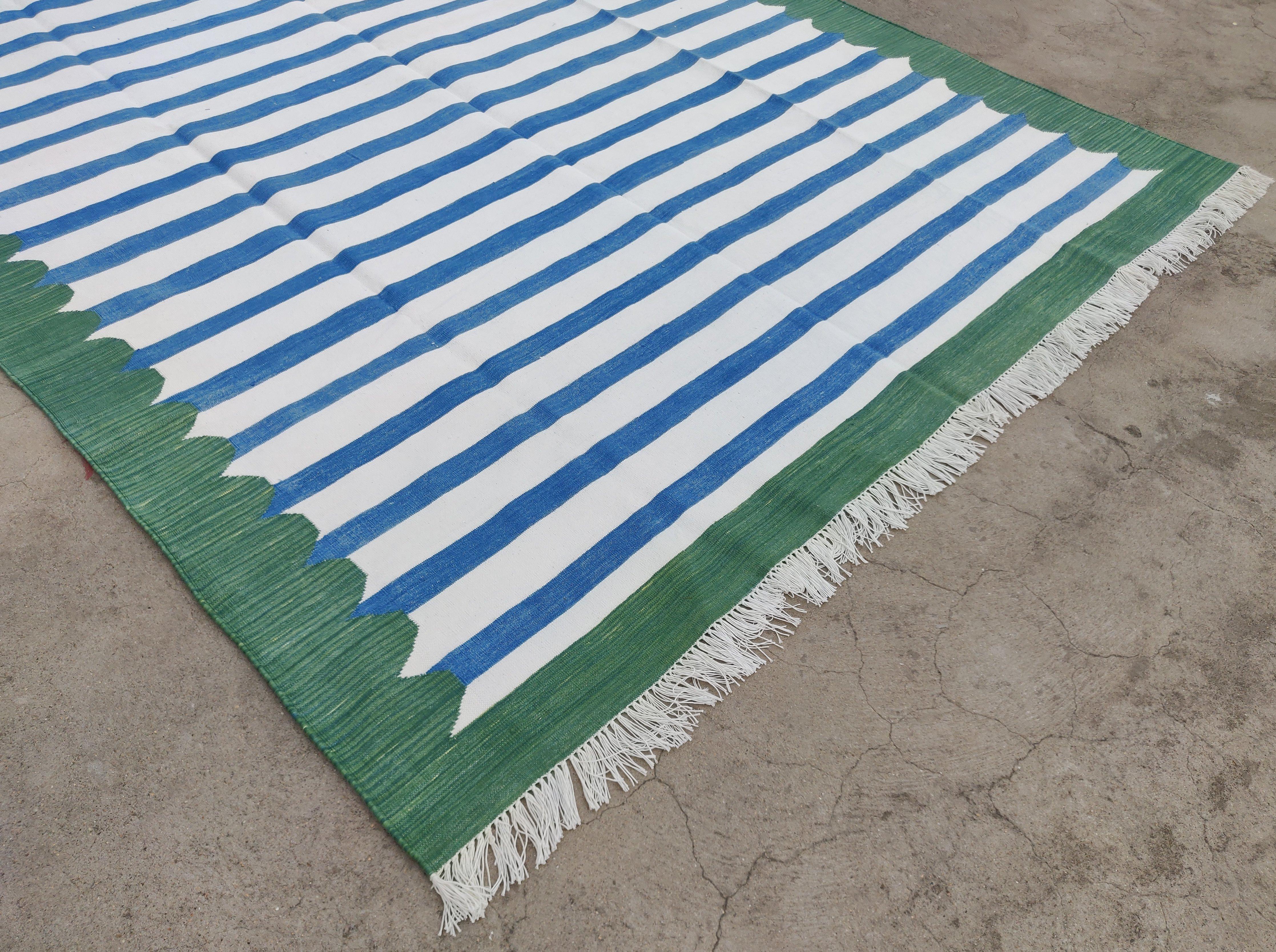 Handmade Cotton Area Flat Weave Rug, 6x9 Blue And Green Striped Indian Dhurrie In New Condition For Sale In Jaipur, IN