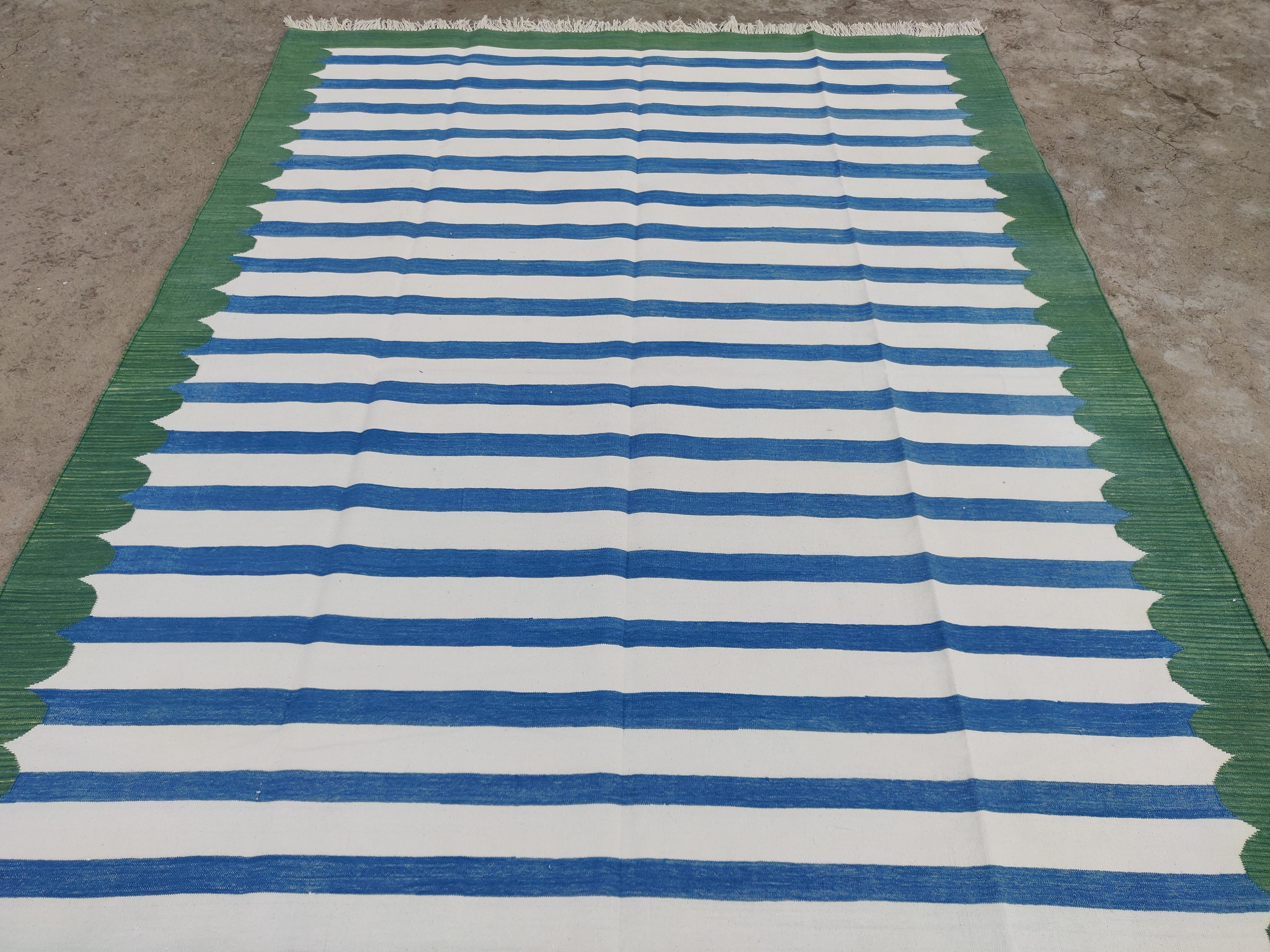 Contemporary Handmade Cotton Area Flat Weave Rug, 6x9 Blue And Green Striped Indian Dhurrie For Sale