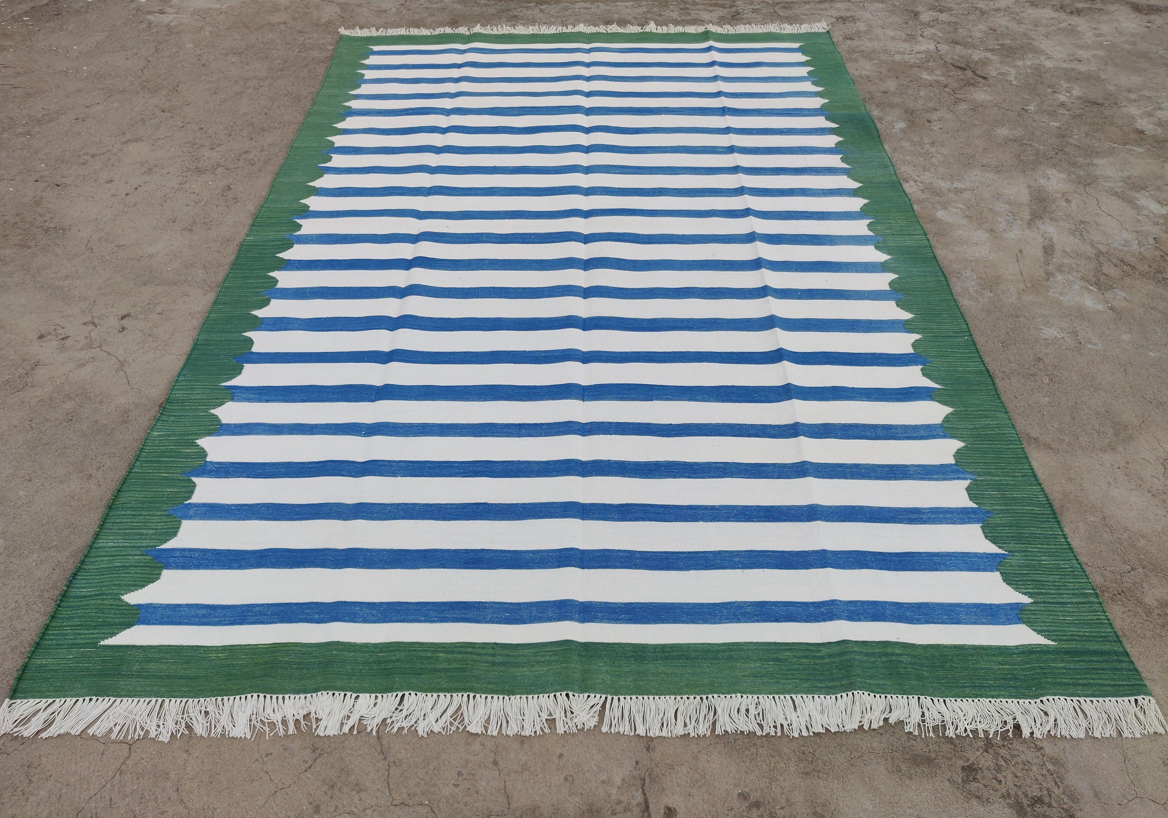 Handmade Cotton Area Flat Weave Rug, 6x9 Blue And Green Striped Indian Dhurrie For Sale 1