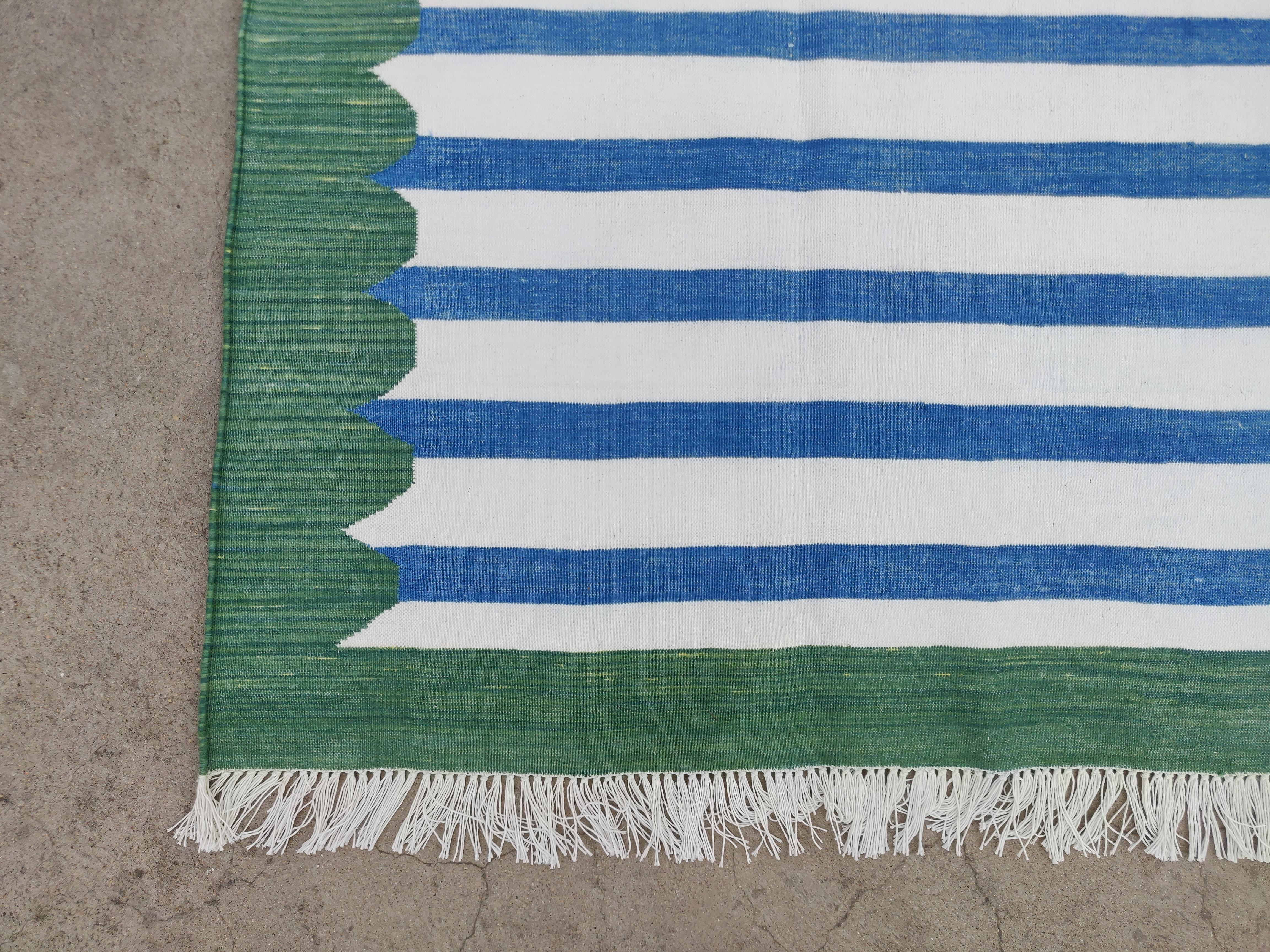 Handmade Cotton Area Flat Weave Rug, 6x9 Blue And Green Striped Indian Dhurrie For Sale 2