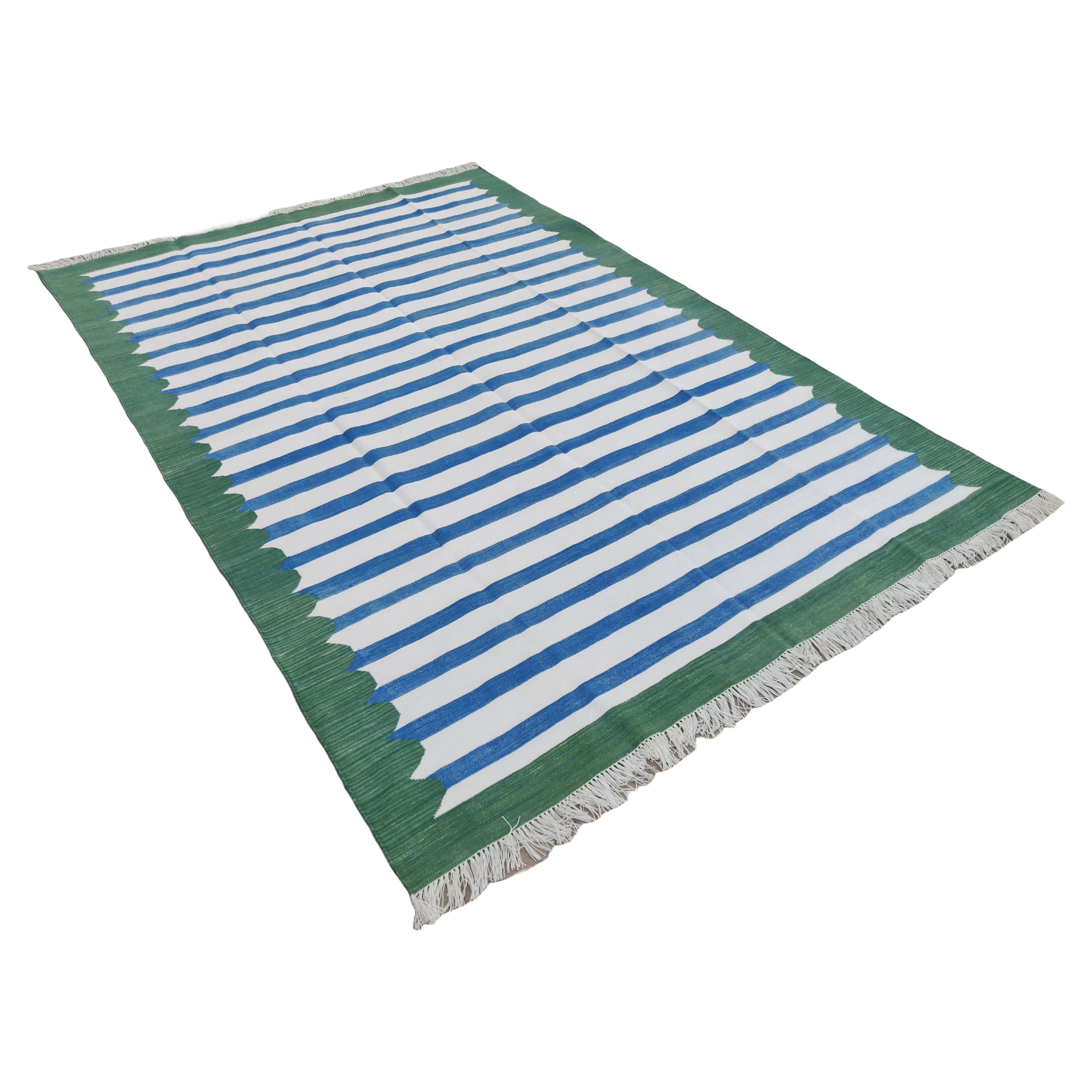Handmade Cotton Area Flat Weave Rug, 6x9 Blue And Green Striped Indian Dhurrie For Sale