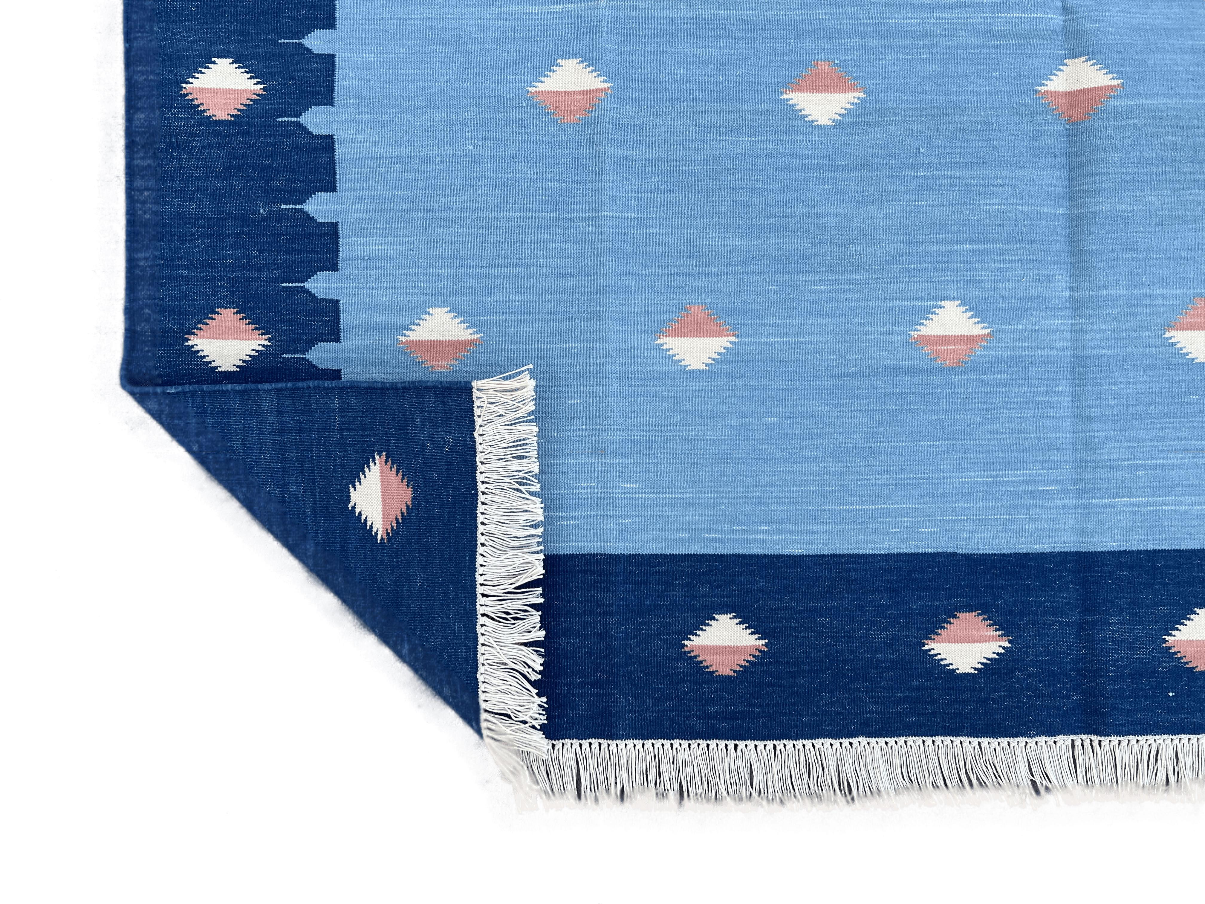 Alfombra de Algodón Hecha a Mano, 6x9 Azul y Naranja Diamante Indio Dhurrie en venta 5