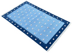 Handgefertigter flacher Baumwollteppich mit Flachgewebe, 5x8 Blauer und orangefarbener Diamant, indischer Dhurrie