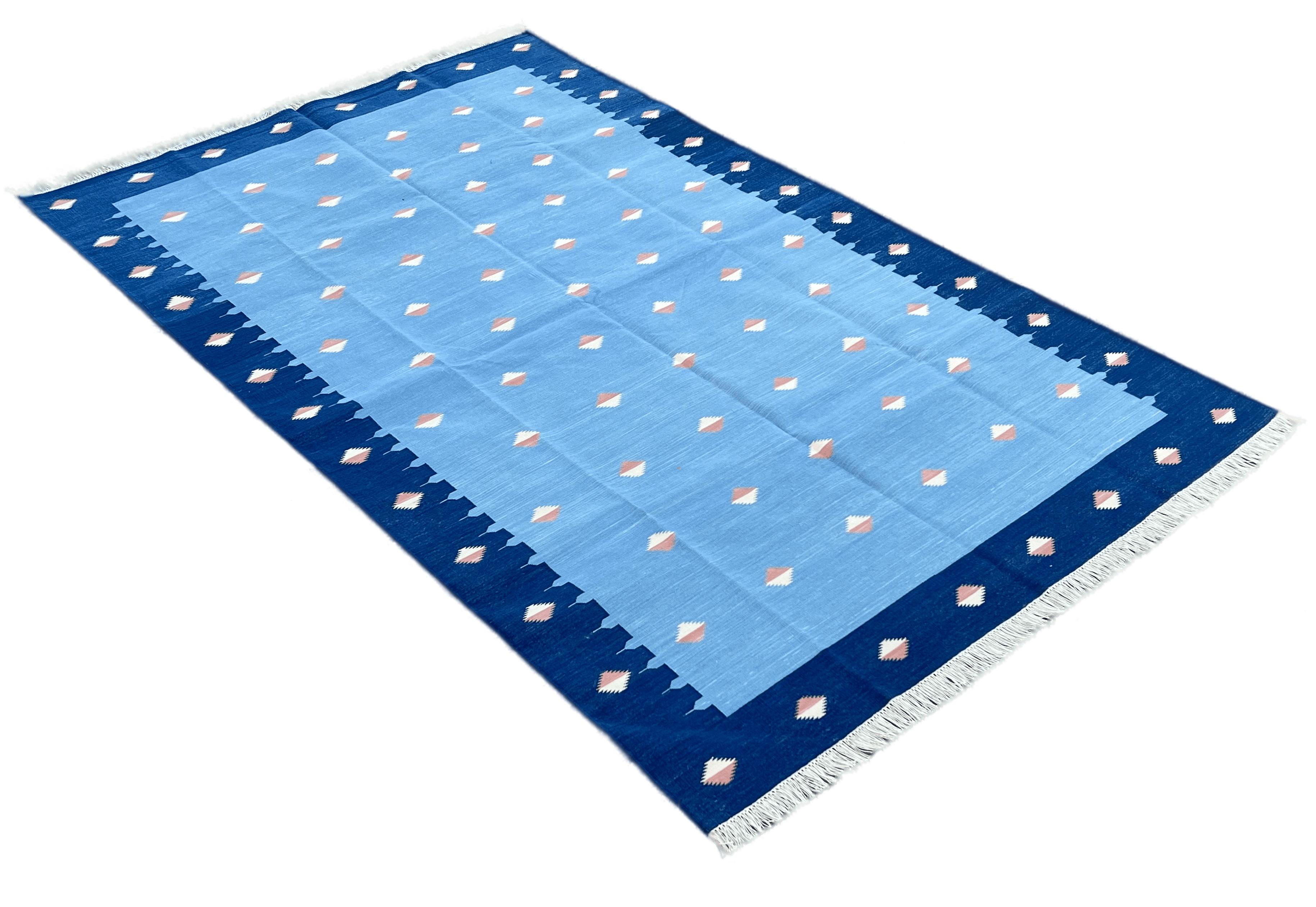 Alfombra de Algodón Hecha a Mano, 6x9 Azul y Naranja Diamante Indio Dhurrie Tejido a mano en venta