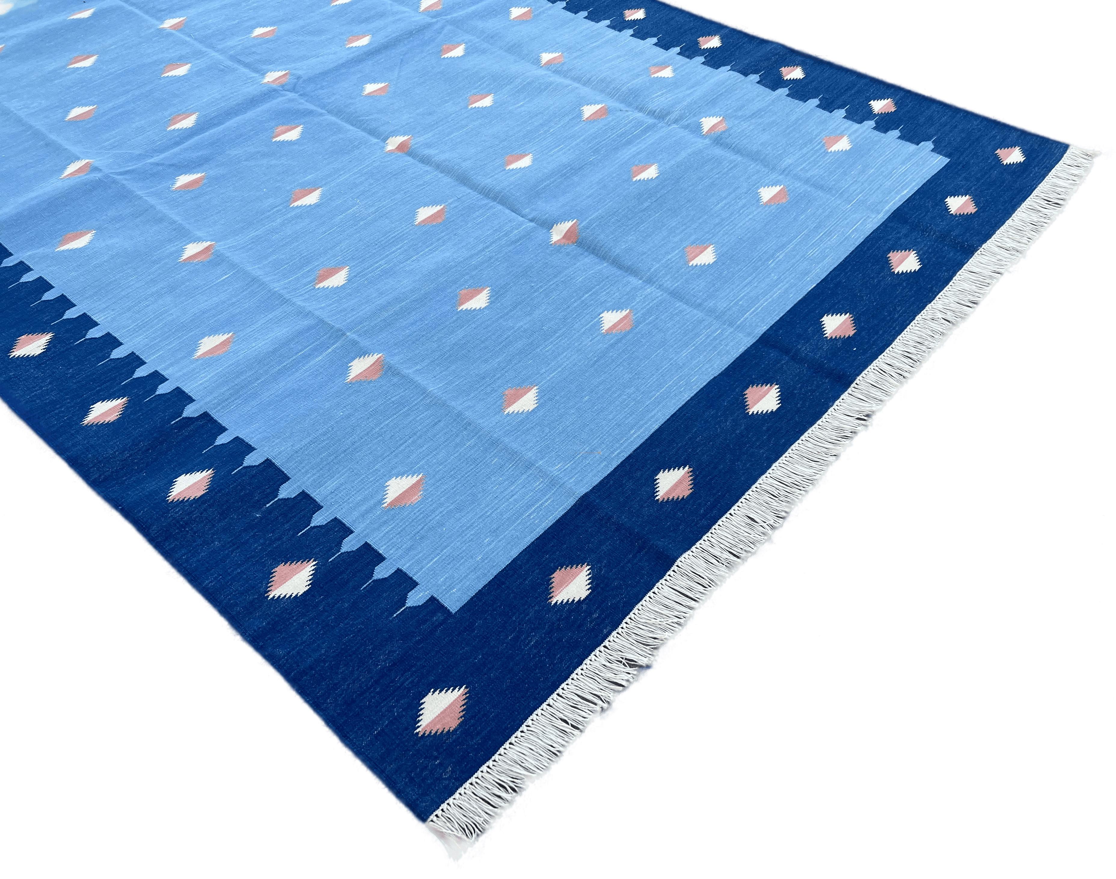 Handmade Cotton Area Flat Weave Rug, 6x9 Blue And Orange Diamond Indian Dhurrie In New Condition For Sale In Jaipur, IN