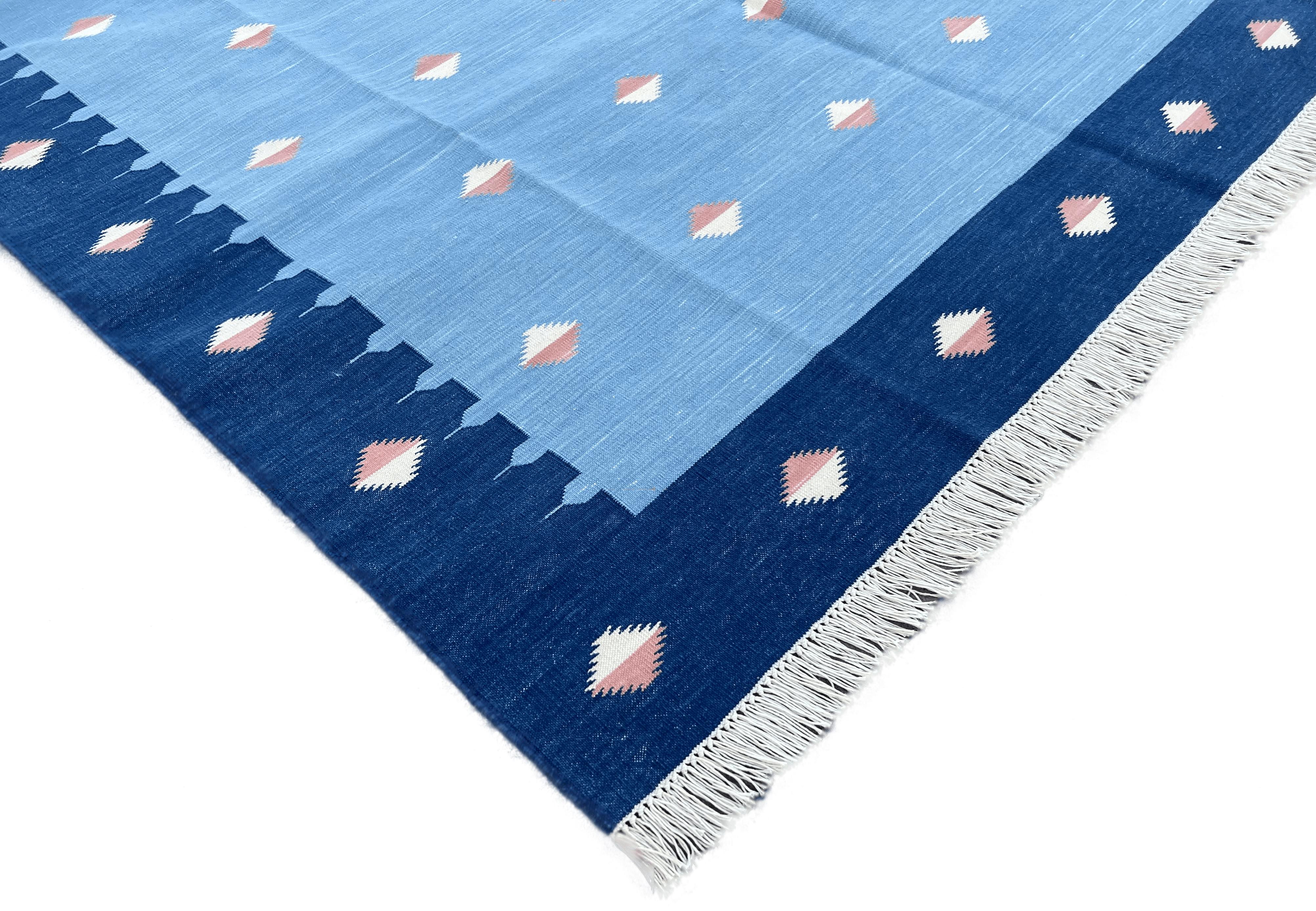 Alfombra de Algodón Hecha a Mano, 6x9 Azul y Naranja Diamante Indio Dhurrie Siglo XXI y contemporáneo en venta