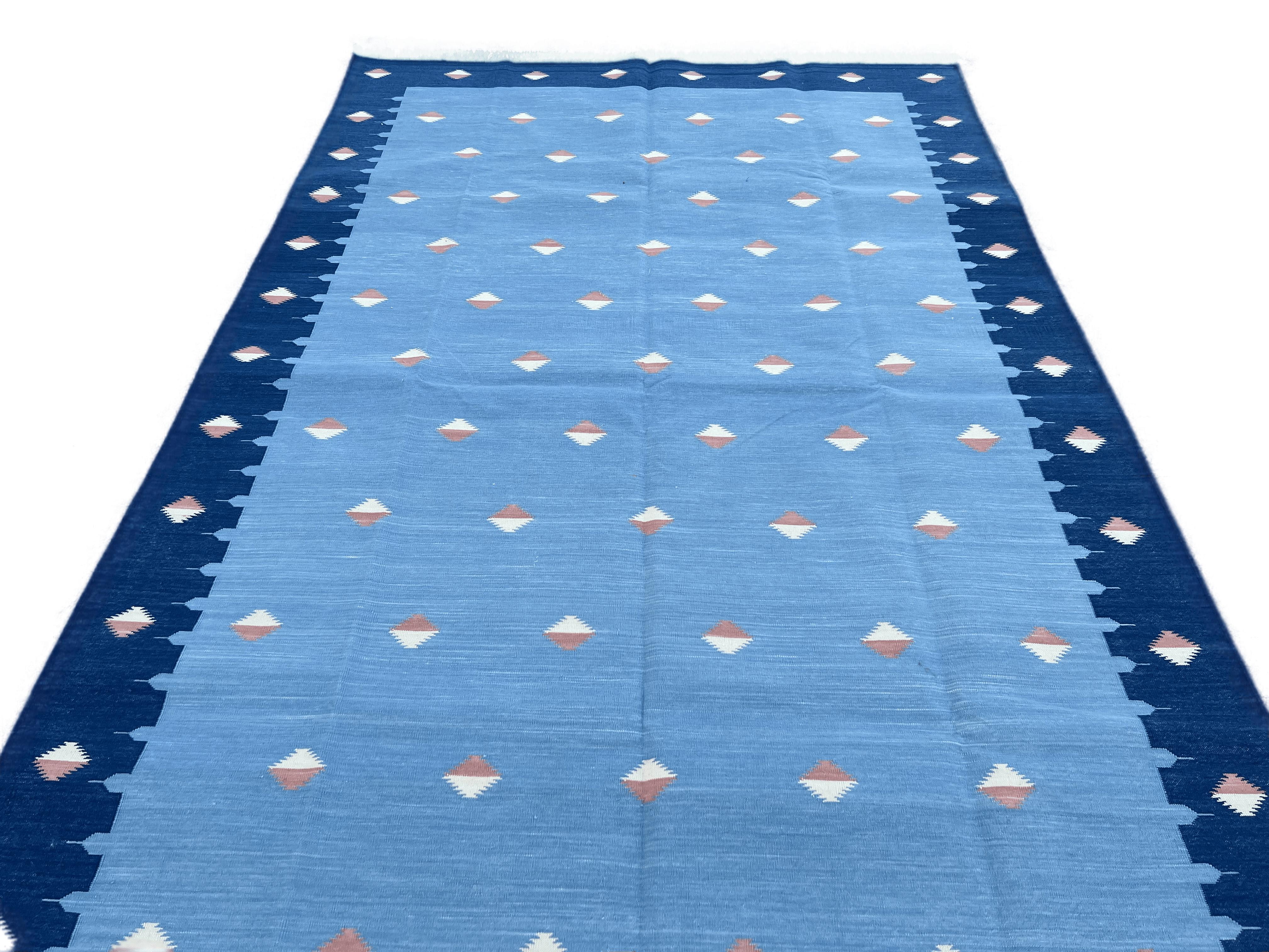 Handmade Cotton Area Flat Weave Rug, 6x9 Blue And Orange Diamond Indian Dhurrie For Sale 2