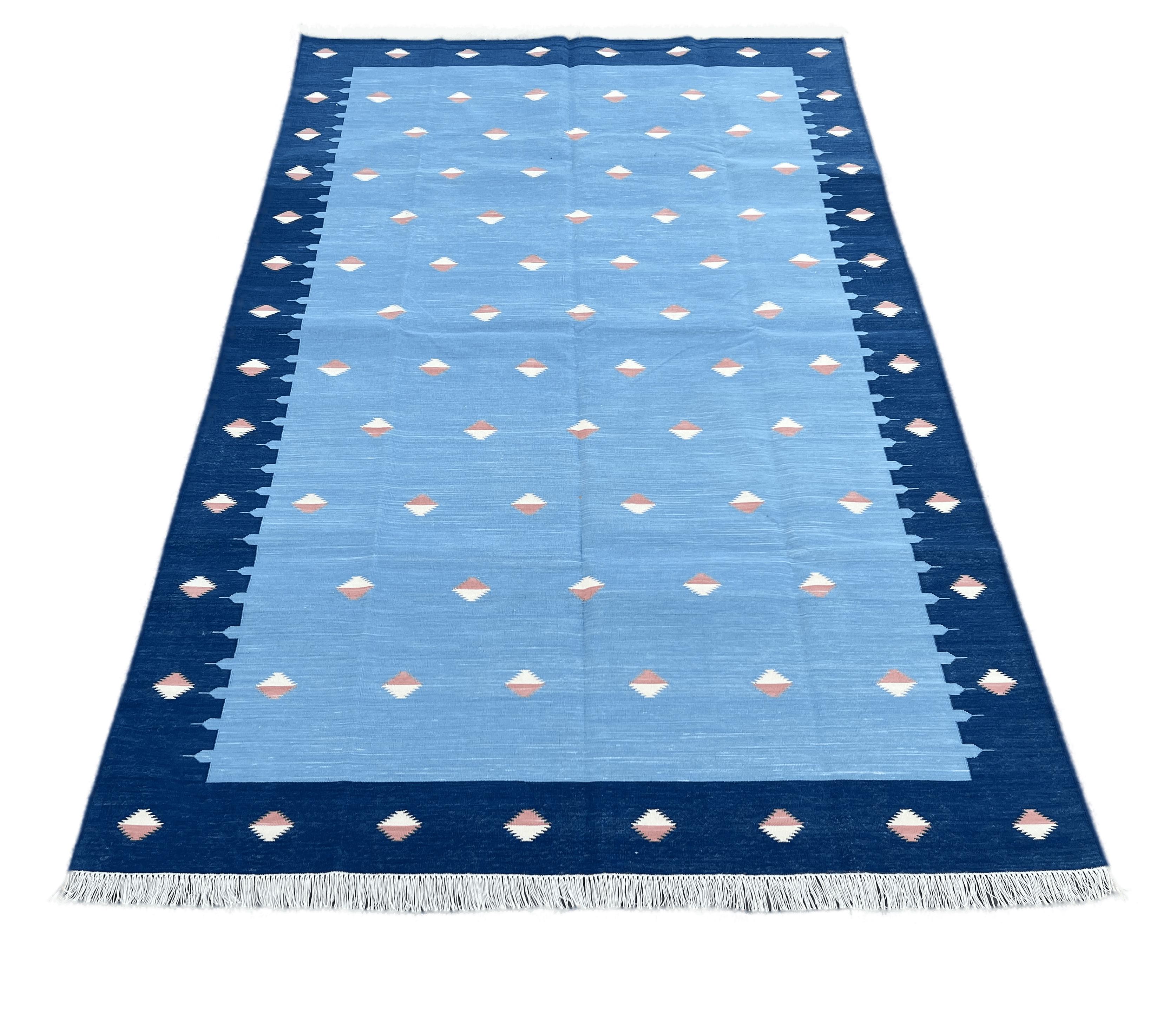 Handmade Cotton Area Flat Weave Rug, 5x8 Blue And Orange Diamond Indian Dhurrie For Sale 3