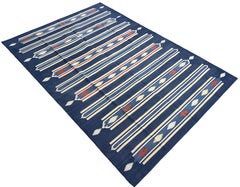 Tapis de sol en coton tissé à plat, 6x9 bleu et orange rayé Indian Dhurrie