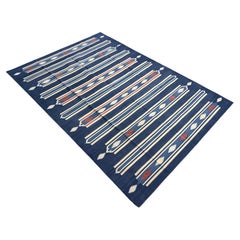 Tapis de sol en coton tissé à plat, 6x9 bleu et orange rayé Indian Dhurrie