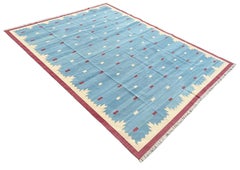 Alfombra de Algodón Hecha a Mano de Tejido Plano, 6x9 Azul y Rosa Geométrica India Dhurrie