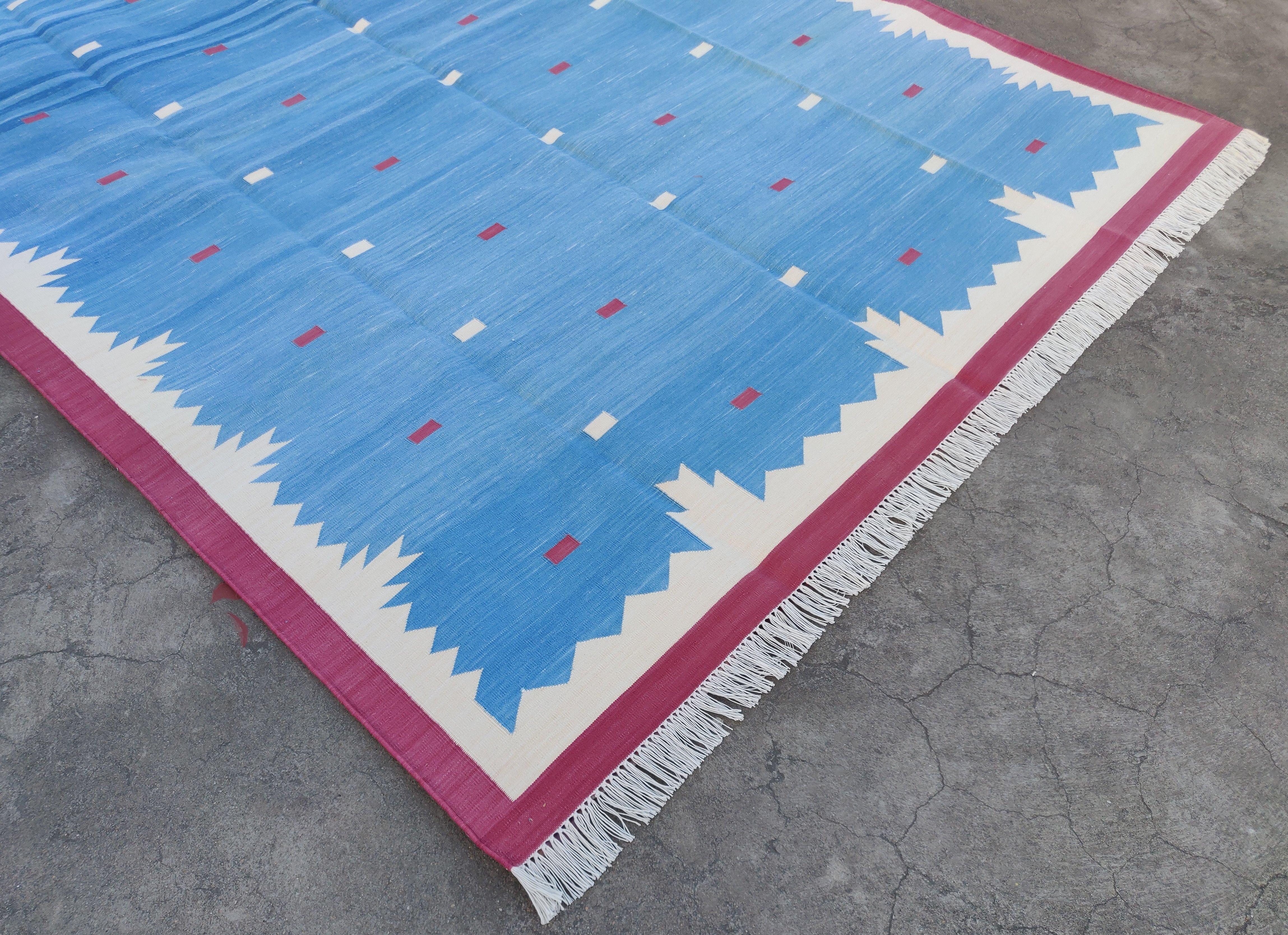 Mid-Century Modern Handmade Cotton Area Flat Weave Rug, 6x9 Blue And Pink Geometric Indian Dhurrie For Sale