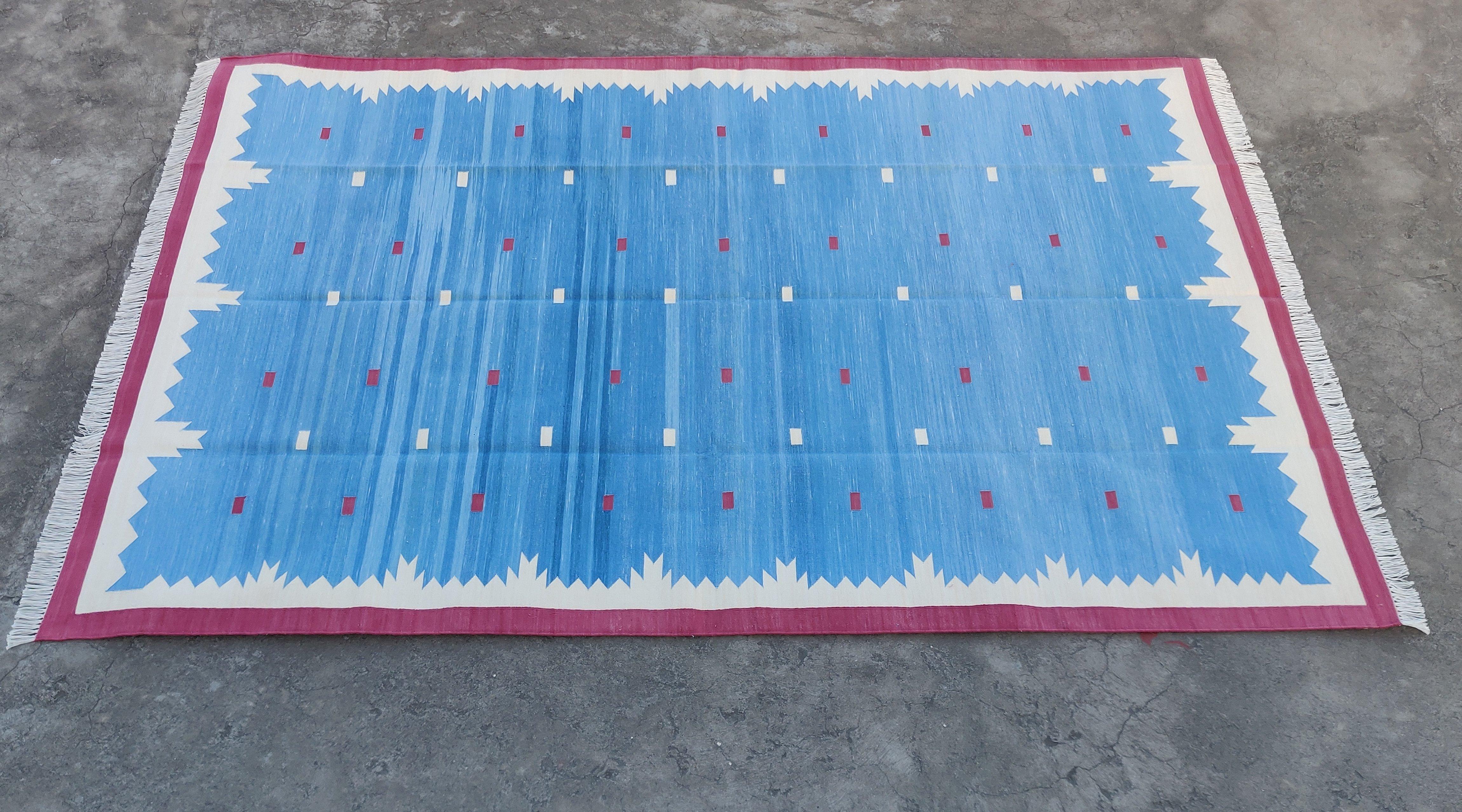 Contemporary Handmade Cotton Area Flat Weave Rug, 6x9 Blue And Pink Geometric Indian Dhurrie For Sale