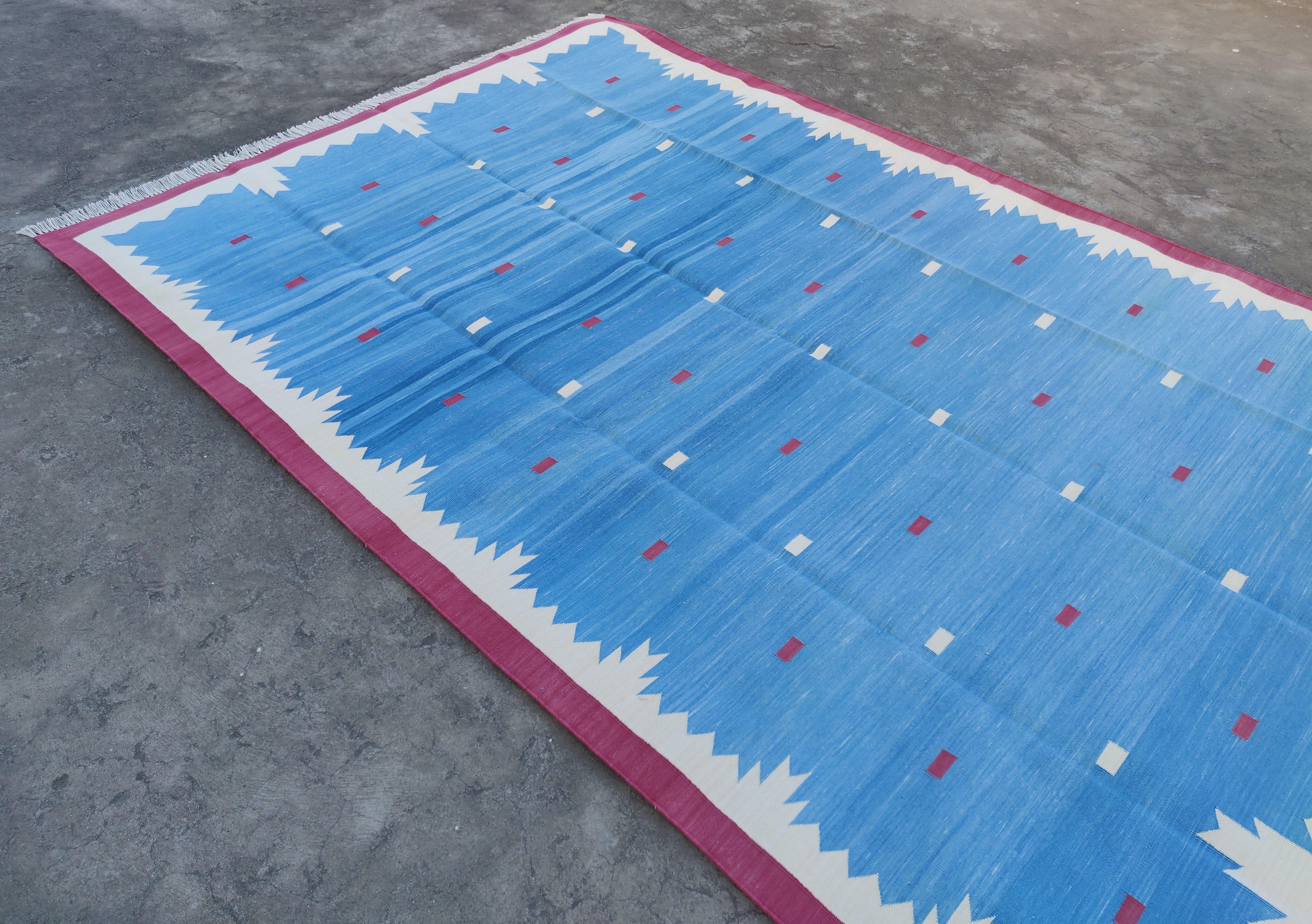 Handmade Cotton Area Flat Weave Rug, 6x9 Blue And Pink Geometric Indian Dhurrie For Sale 1