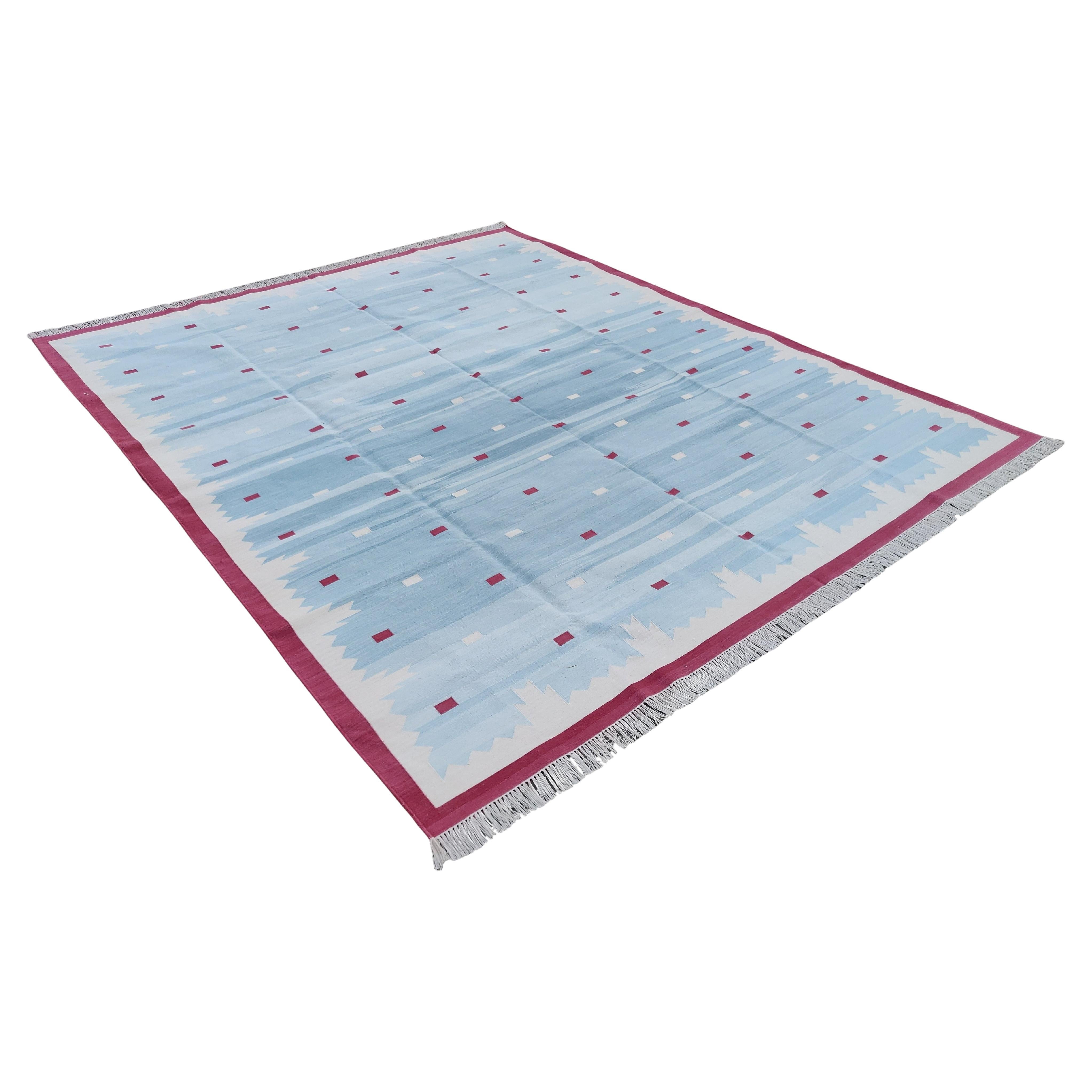 Handmade Cotton Area Flat Weave Rug, 6x9 Blue And Pink Geometric Indian Dhurrie For Sale