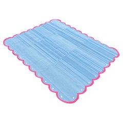 Alfombra de algodón hecha a mano de tejido plano, 6x9 Dhurrie india festoneada azul y rosa