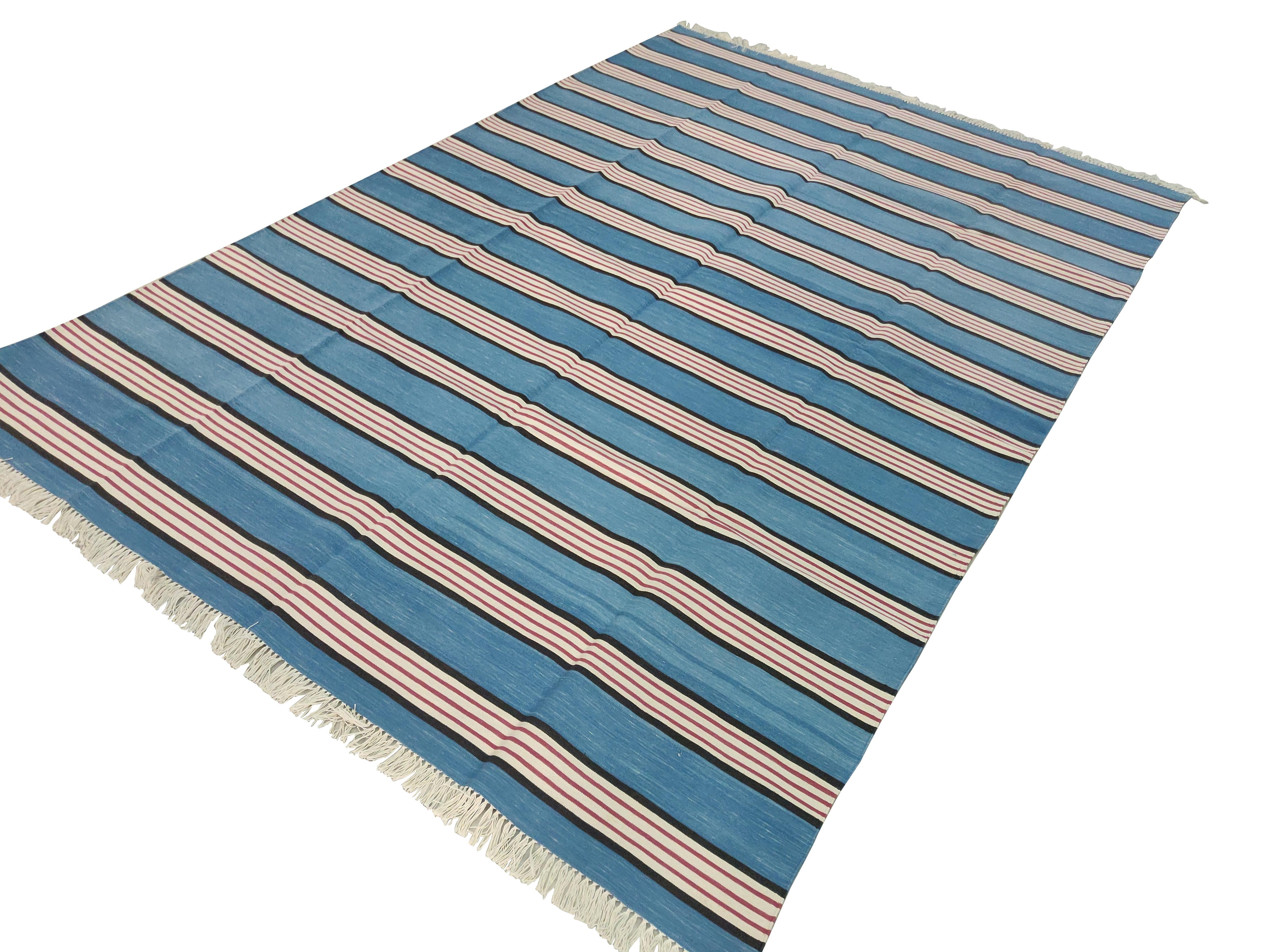 Cotton Vegetable Dyed Blue, Coffee Brown And Pink Striped Indian Dhurrie Rug-6'x9' 
These special flat-weave dhurries are hand-woven with 15 ply 100% cotton yarn. Due to the special manufacturing techniques used to create our rugs, the size and