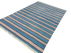 Tappeto a tessitura piatta in cotone fatto a mano, 6x9 blu e rosa a strisce indiane Dhurrie