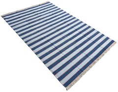 Tapis en coton tissé à plat, 6x9 bleu et rose rayé Indian Dhurrie
