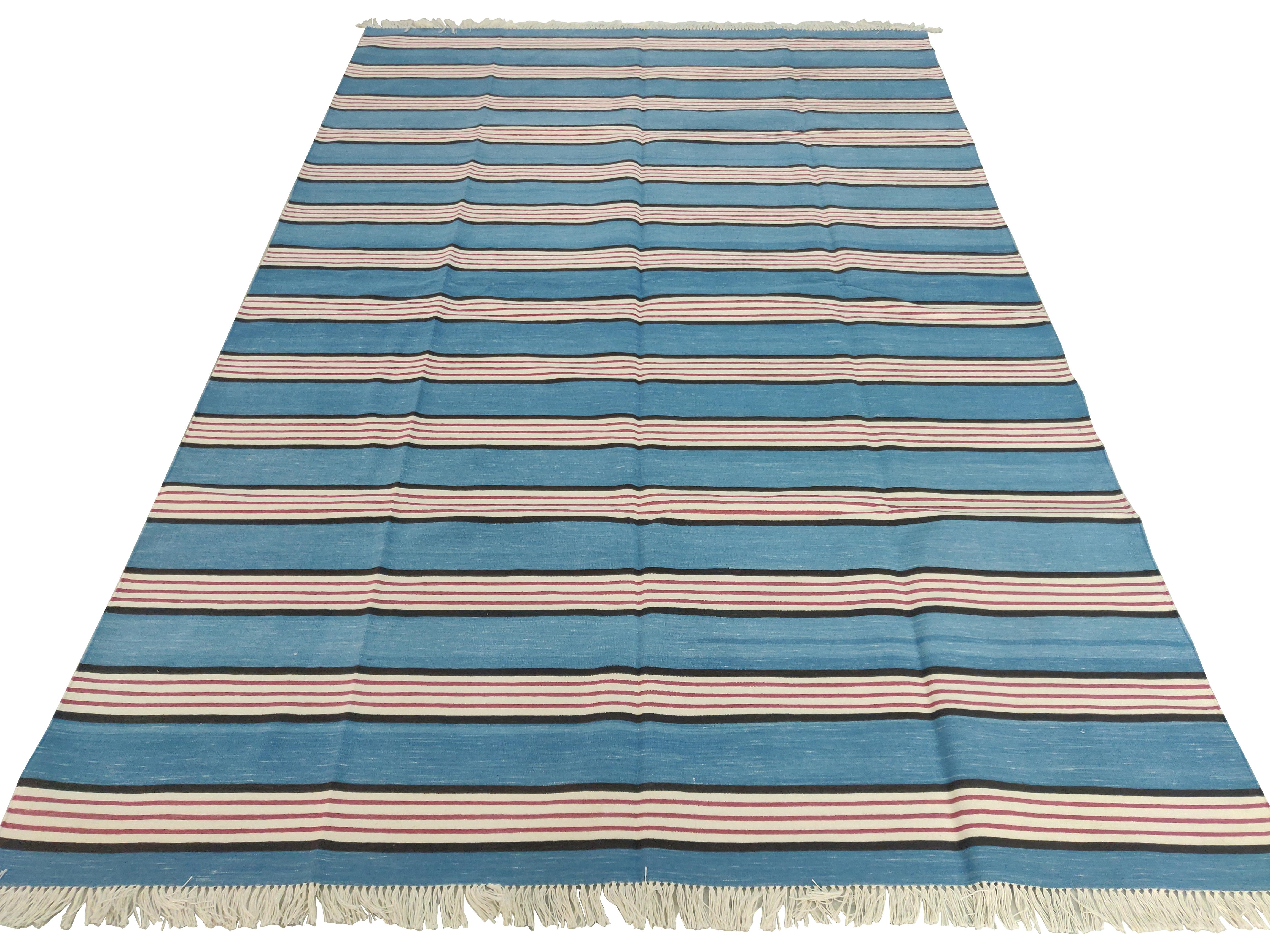 Mid-Century Modern Handmade Cotton Area Flat Weave Rug, 6x9 Blue And Pink Striped Indian Dhurrie For Sale