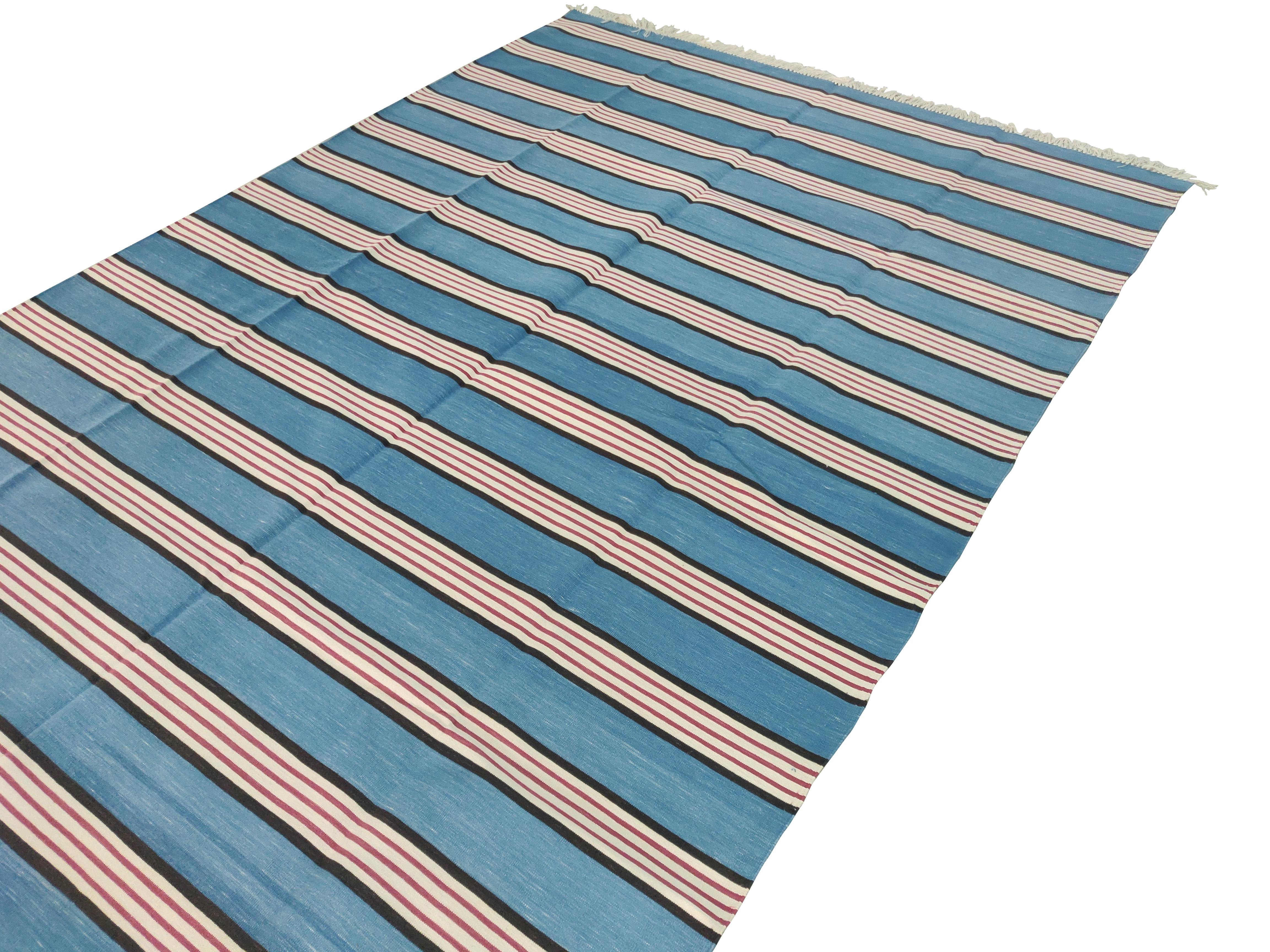 Hand-Woven Handmade Cotton Area Flat Weave Rug, 6x9 Blue And Pink Striped Indian Dhurrie For Sale