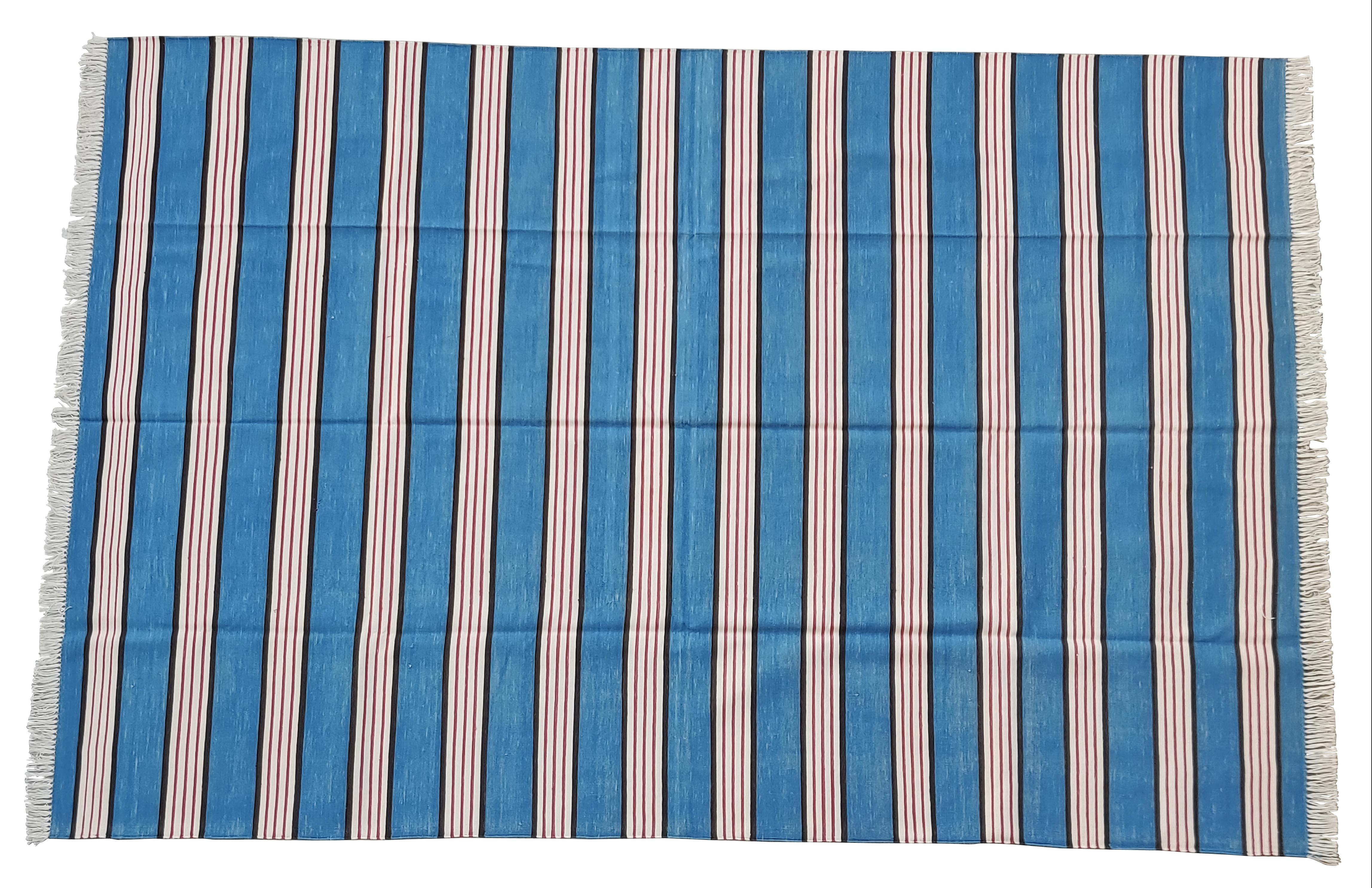 Contemporary Handmade Cotton Area Flat Weave Rug, 6x9 Blue And Pink Striped Indian Dhurrie For Sale