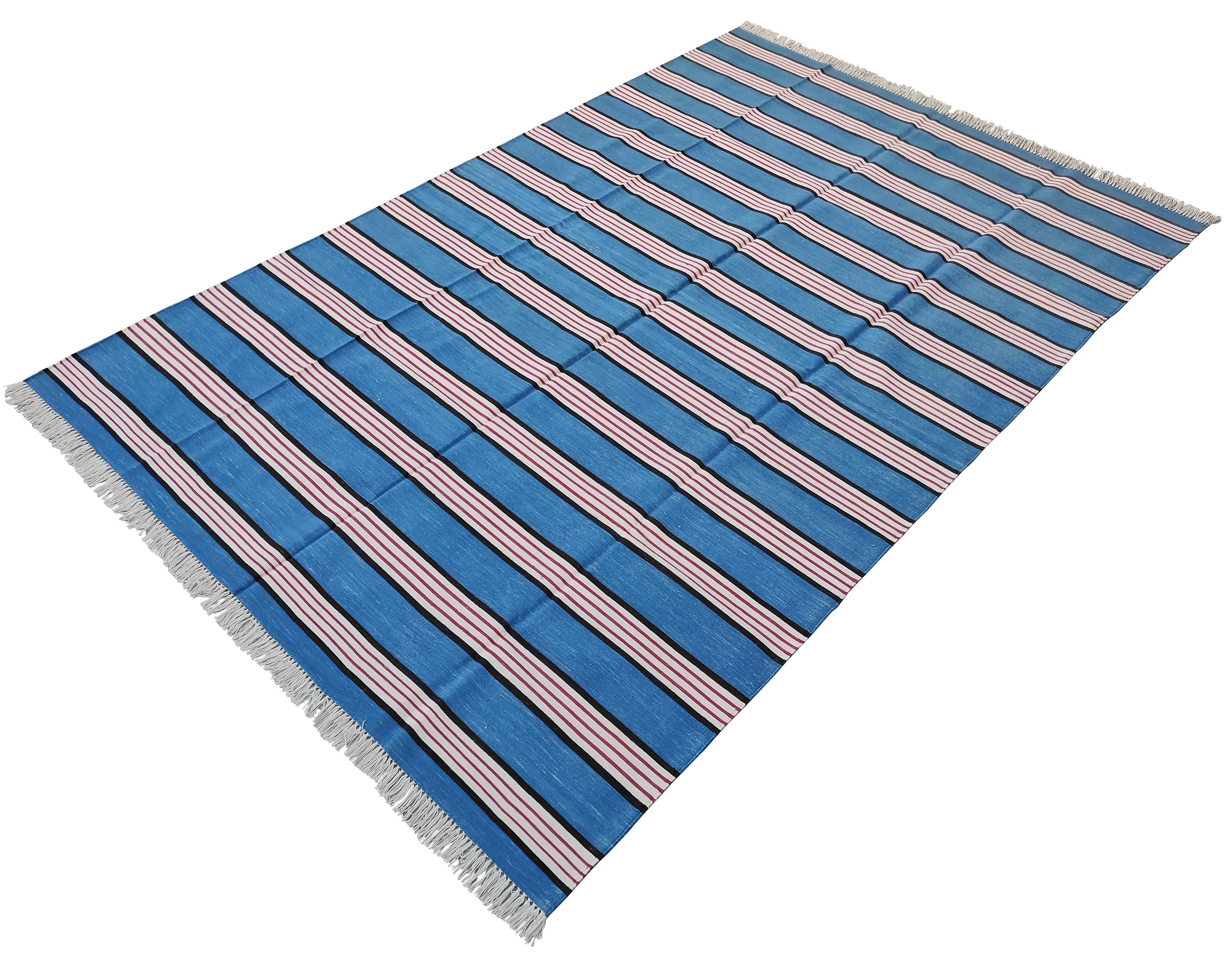 Handmade Cotton Area Flat Weave Rug, 6x9 Blue And Pink Striped Indian Dhurrie For Sale 1
