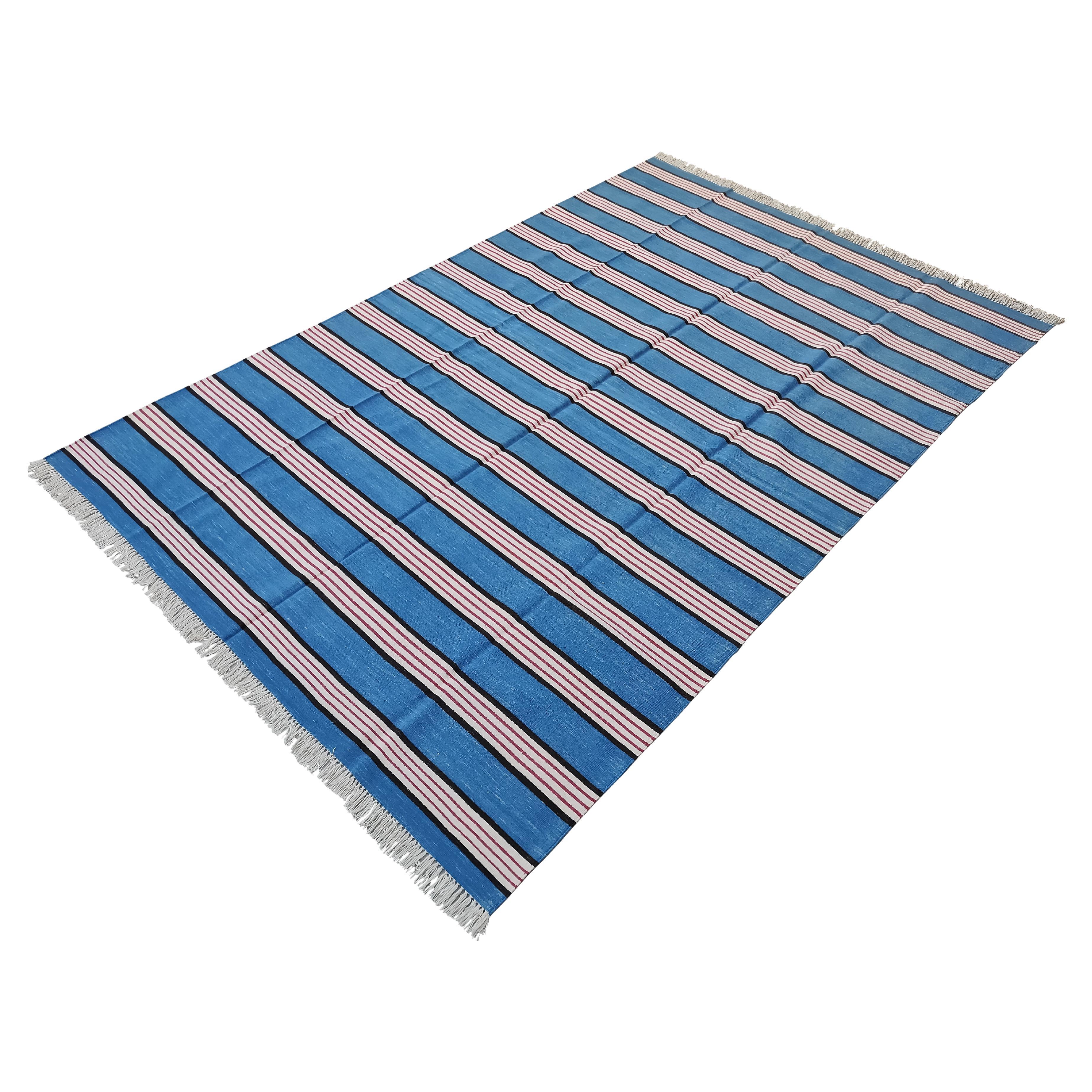 Handmade Cotton Area Flat Weave Rug, 6x9 Blue And Pink Striped Indian Dhurrie For Sale