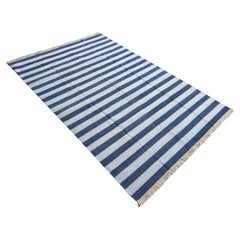 Tapis en coton tissé à plat, 6x9 bleu et rose rayé Indian Dhurrie