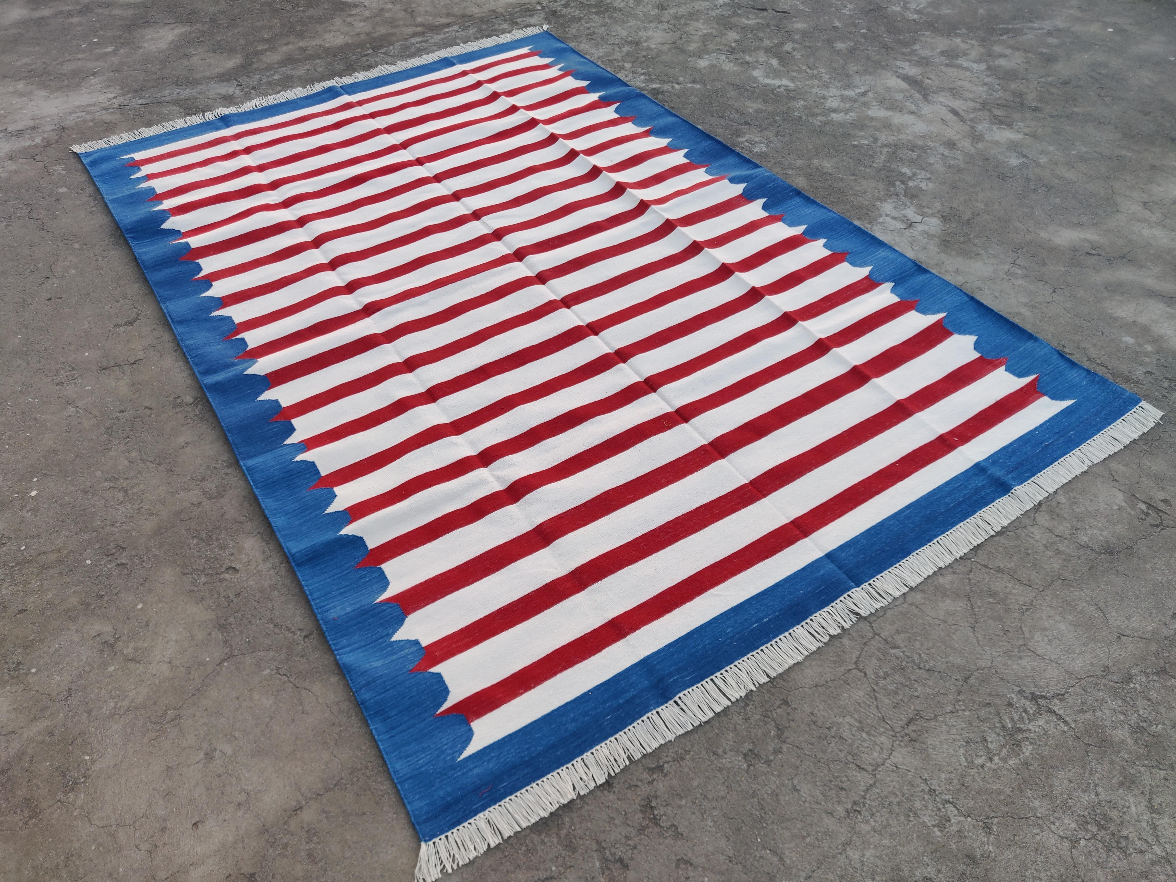 Cotton Vegetable Dyed Indigo Blue and Red Striped Scalloped Indian Dhurrie Rug-6'x9' 

These special flat-weave dhurries are hand-woven with 15 ply 100% cotton yarn. Due to the special manufacturing techniques used to create our rugs, the size and