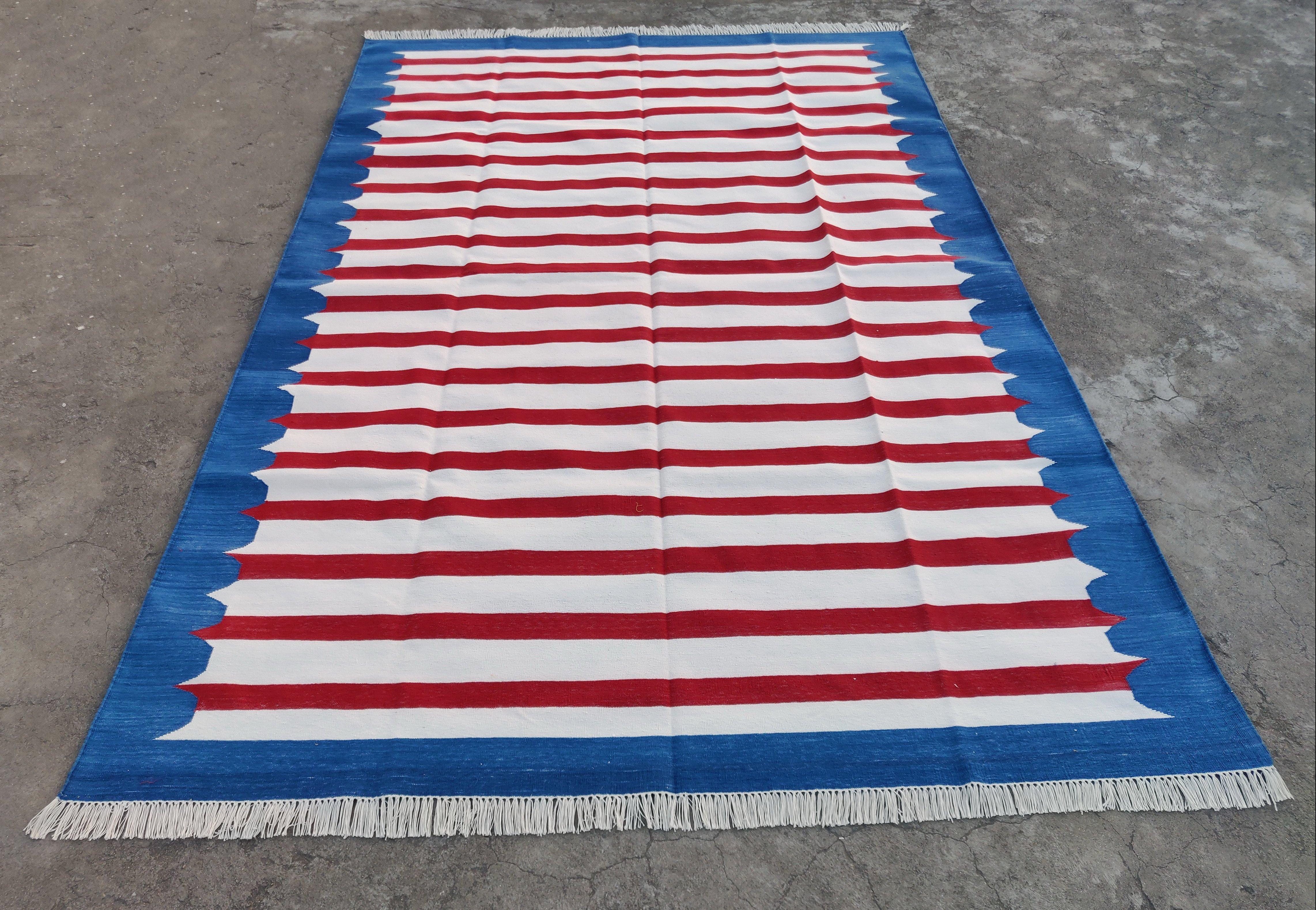 Contemporary Handmade Cotton Area Flat Weave Rug, 6x9 Blue And Red Striped Indian Dhurrie Rug For Sale