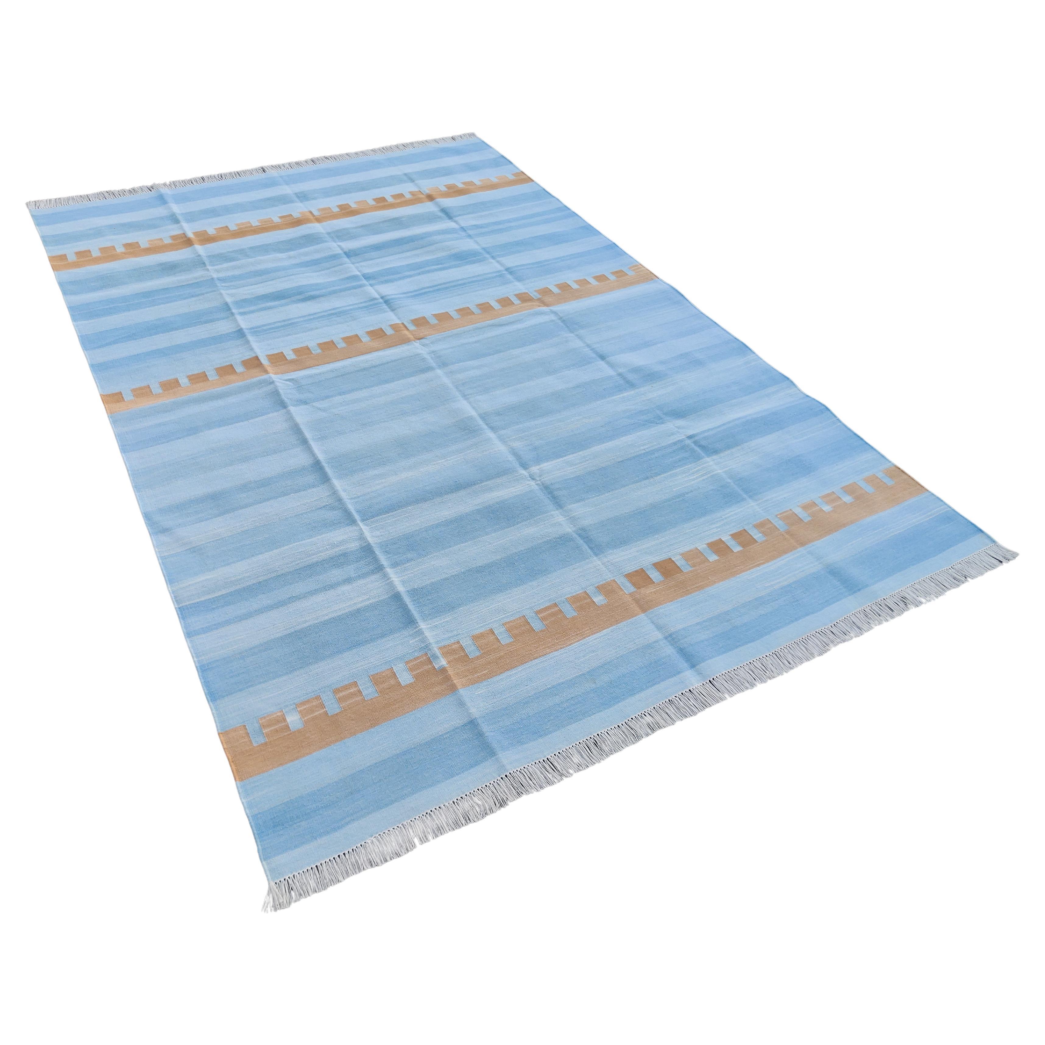 Handmade Cotton Area Flat Weave Rug, 6x9 Blue And Tan Striped Indian Dhurrie Rug