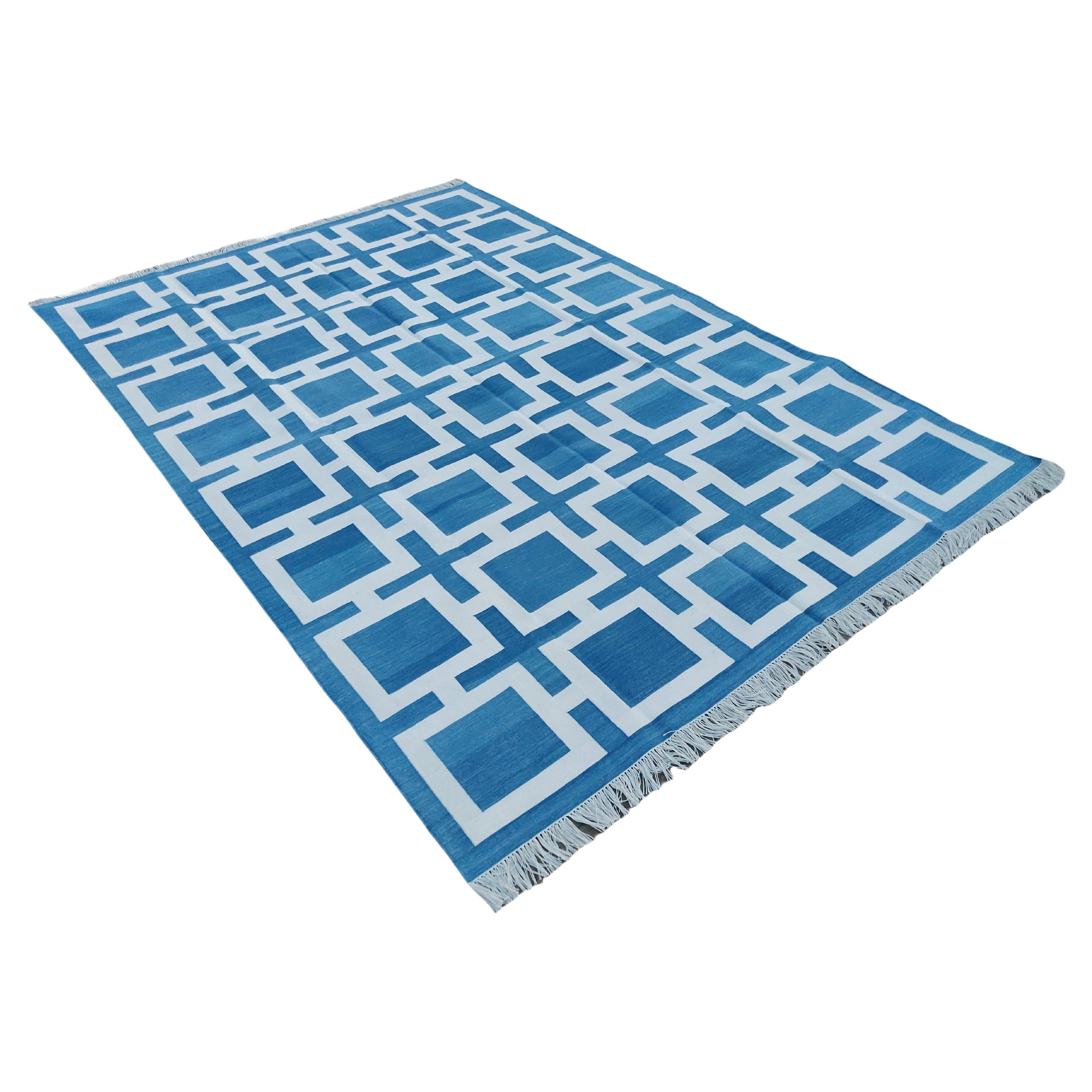 Handmade Cotton Area Flat Weave Rug, 6x9 Blue And White Geometric Indian Dhurrie For Sale