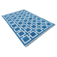 Tapis Dhurrie indien à tissage plat fait à la main, 6 x 9, bleu et blanc